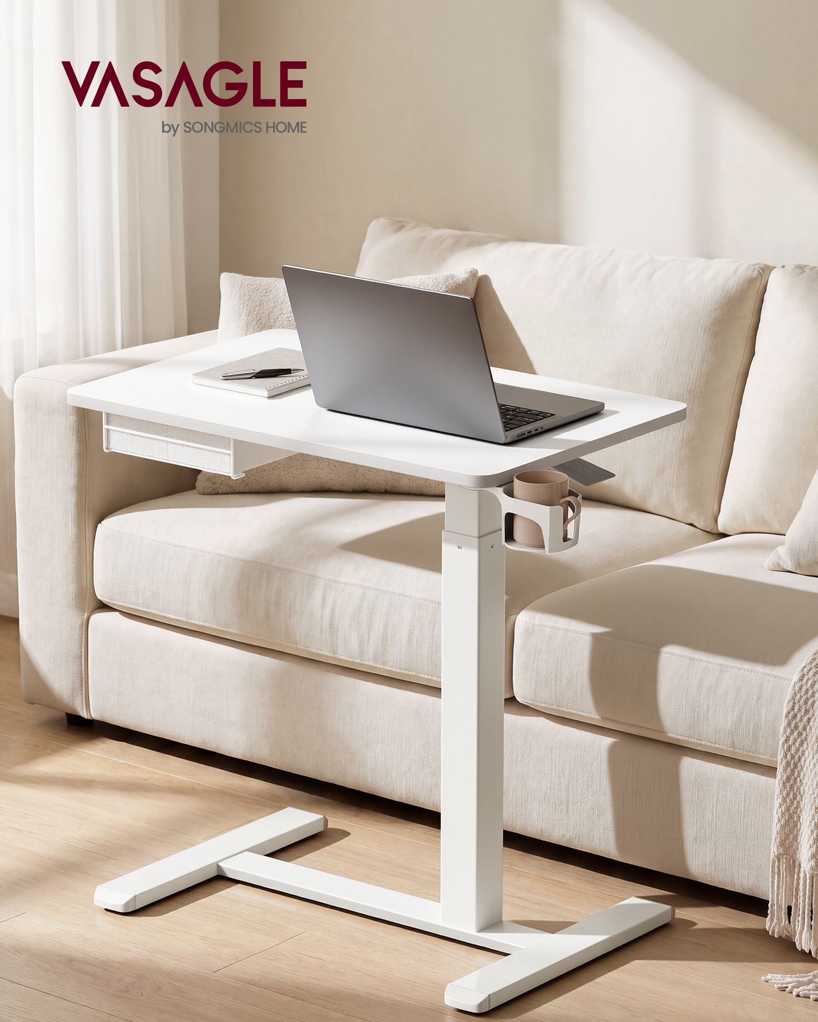 Regulējama augstuma palīggalds ar atvilktni, balts, 70 x 45 x 65–102 cm