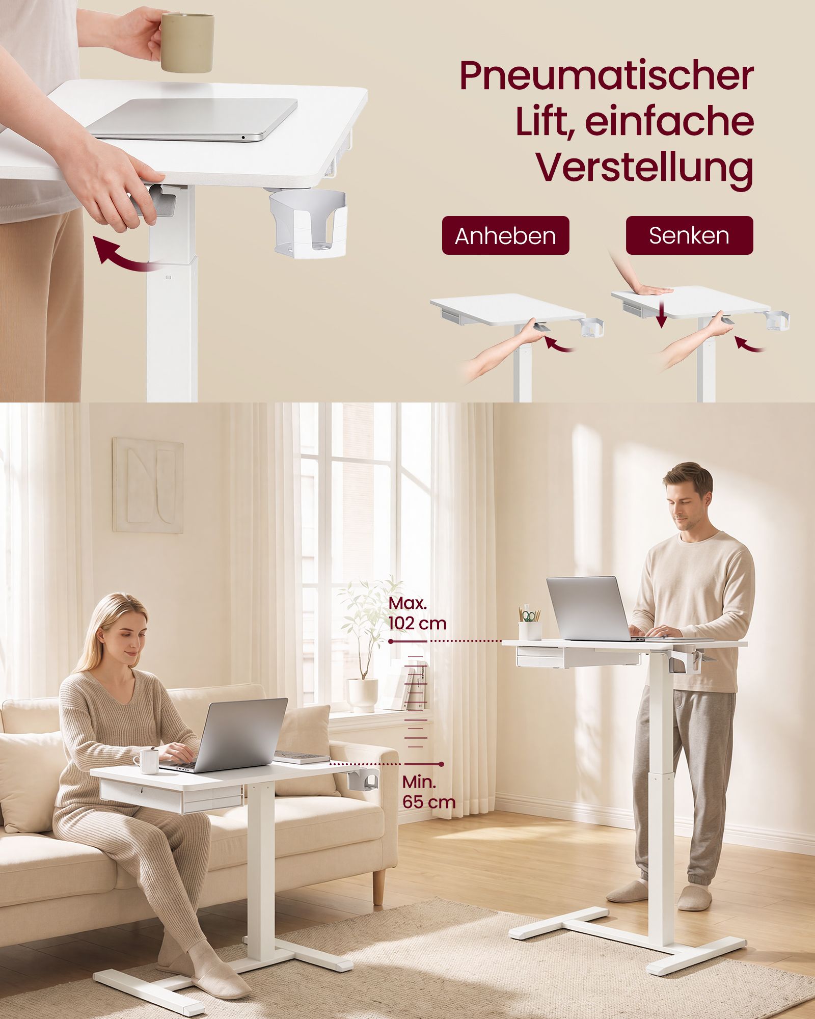 Regulējama augstuma palīggalds ar atvilktni, balts, 70 x 45 x 65–102 cm 2