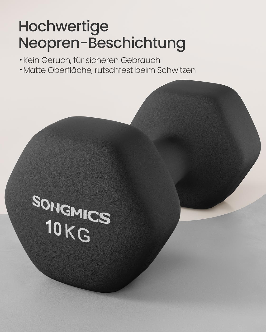 Šešiakampių hantelių rinkinys su neopreno danga, juodas, 27 × 13 cm, 2 × 10 kg