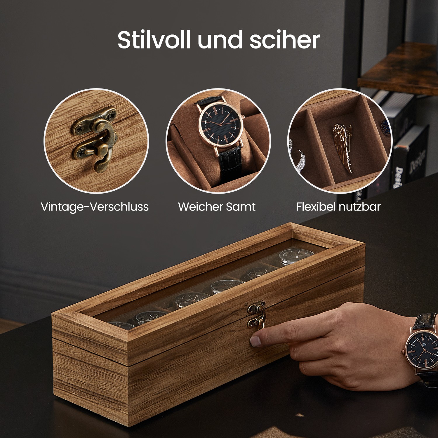 Laikrodžių dėžė riešuto spalvos 6 skyrių 2