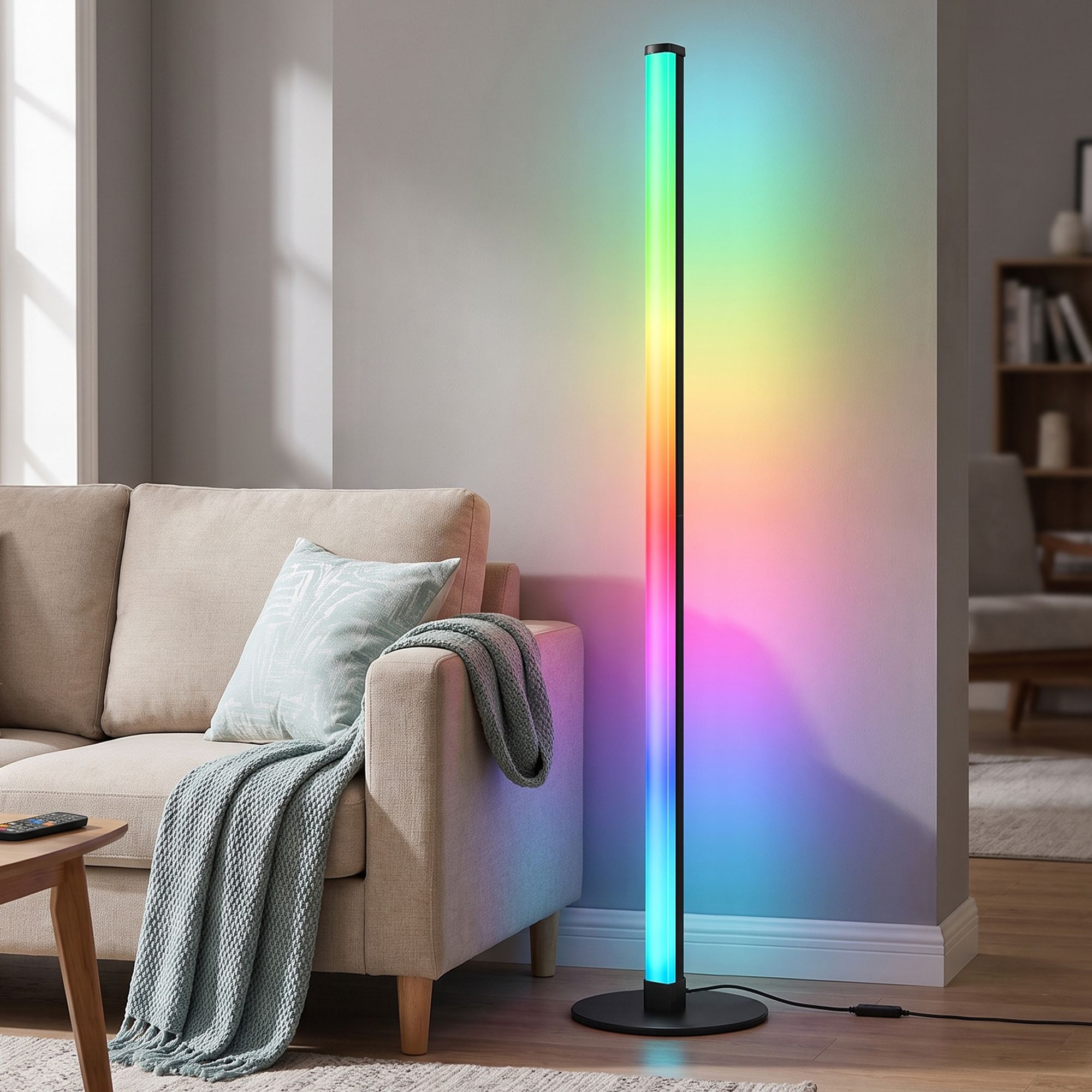 Pastatomas RGB LED šviestuvas su programėlės valdymu ir muzikos sinchronizavimu, juodas, 18 x 18 x 139,4 cm 3