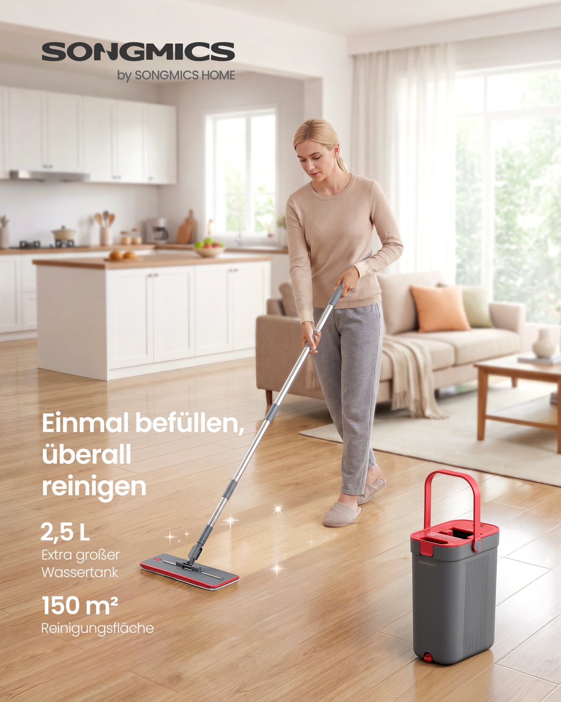 Grindų šluostės rinkinys su kibiru ir pertvara, pilkas–raudonas, 60–132 cm
