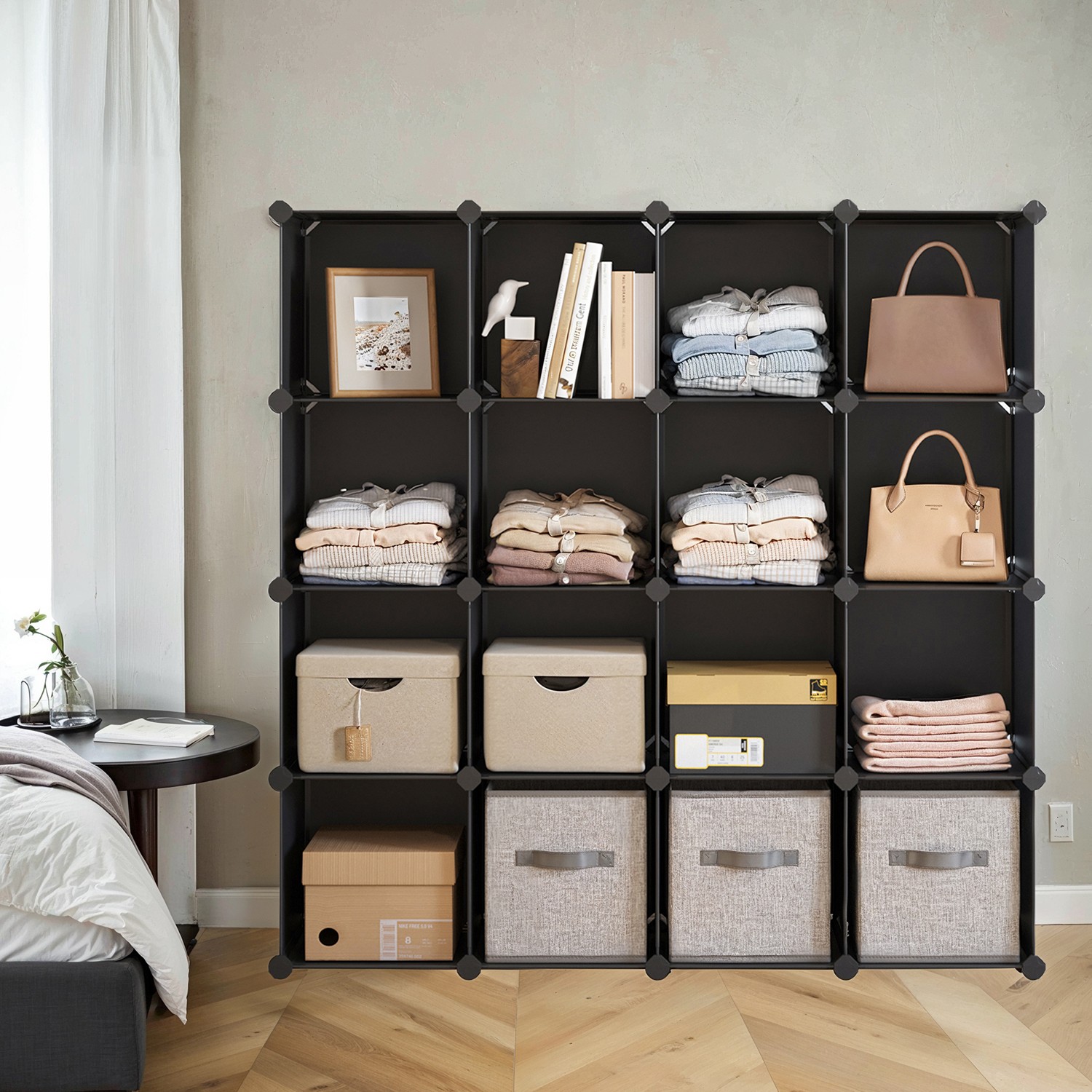 Modulinė lentyna 125x31x125 cm 16 kubelių juoda
