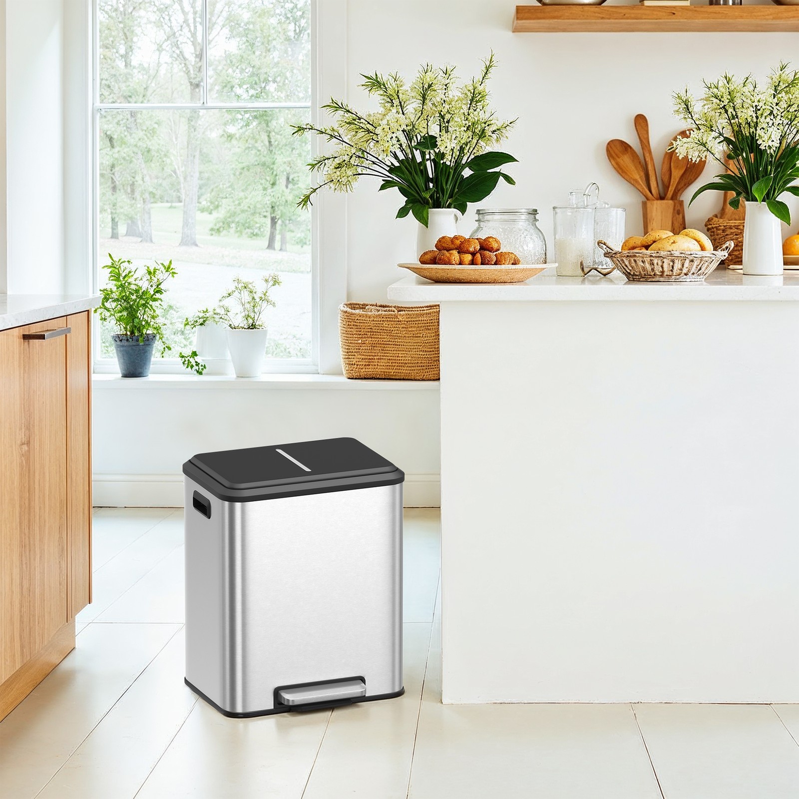 Šiukšliadėžė virtuvei iš plieno, 2x15 L