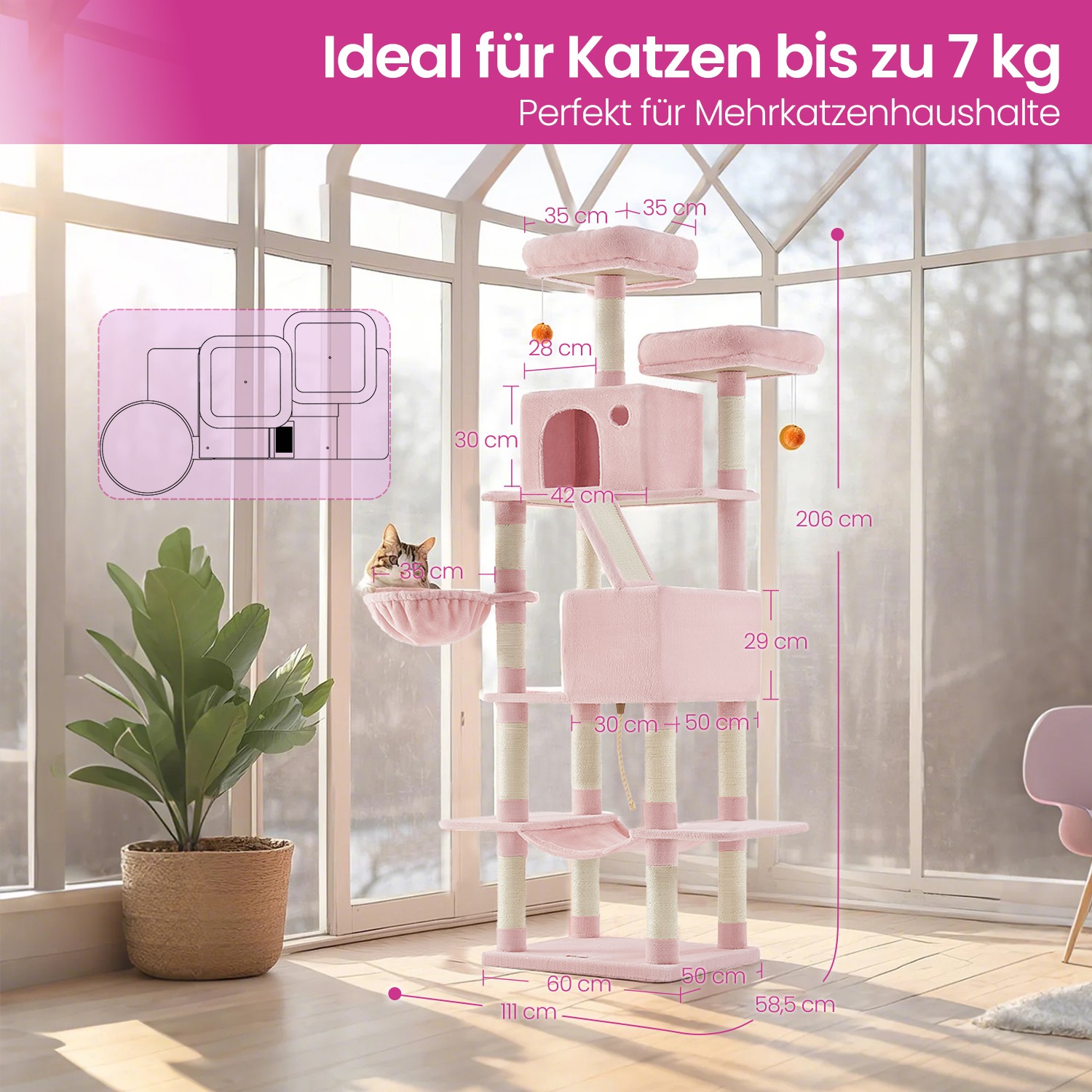 Katės draskyklė 206 cm, su 13 draskymo kolonų