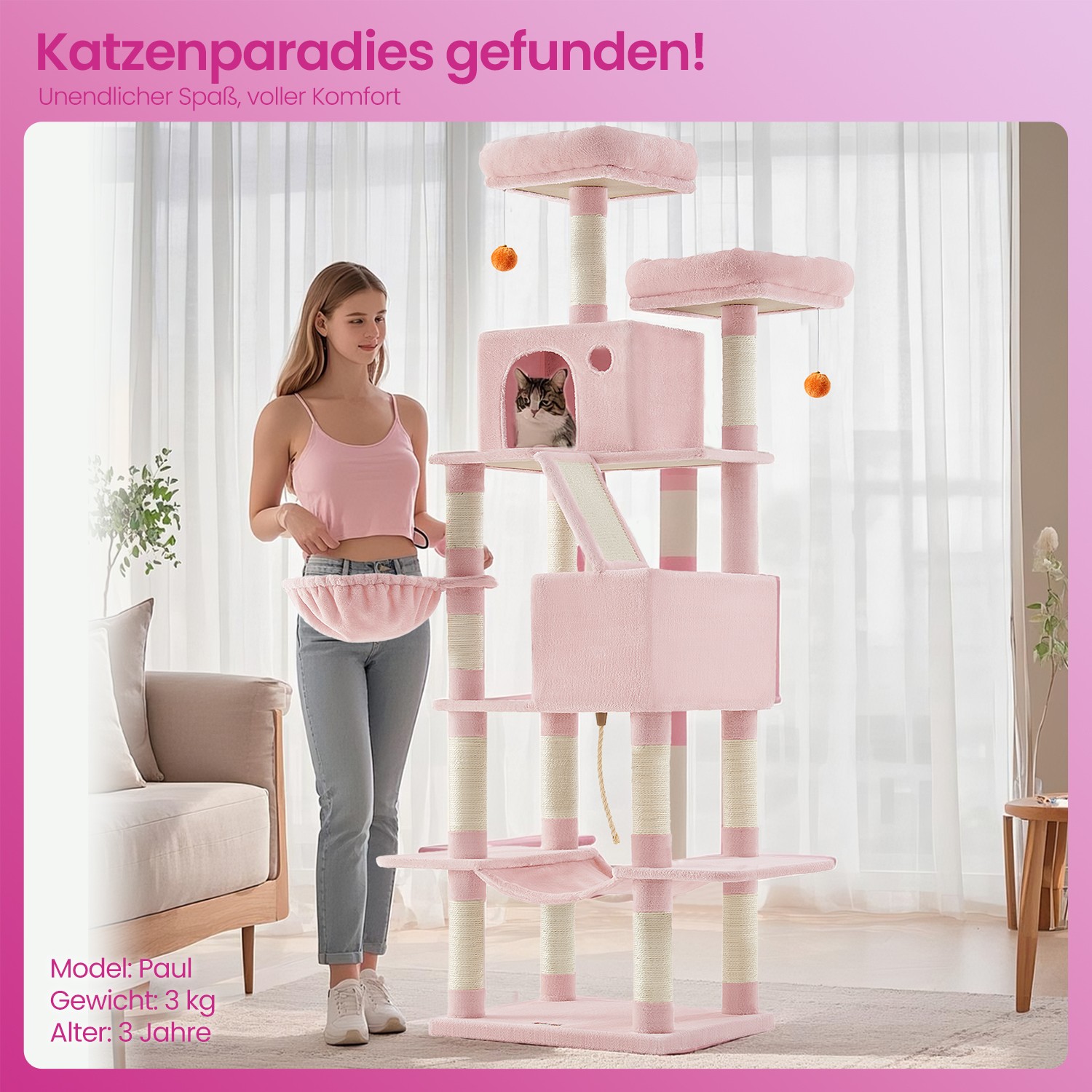Katės draskyklė 206 cm, su 13 draskymo kolonų