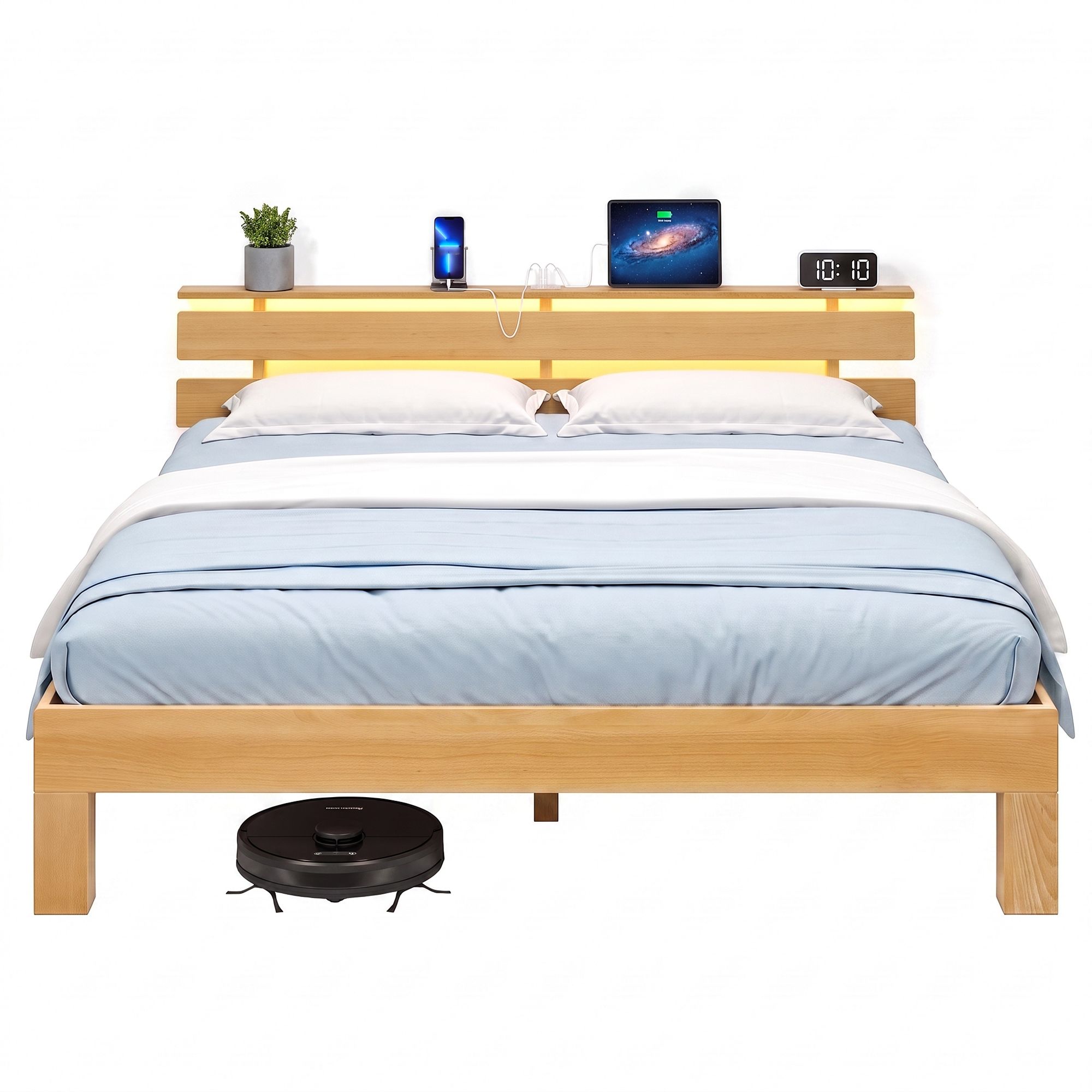 Lovos rėmas su galvūgaliu ir LED apšvietimu, natūralios spalvos, 221,2 × 164,5 × 78 cm