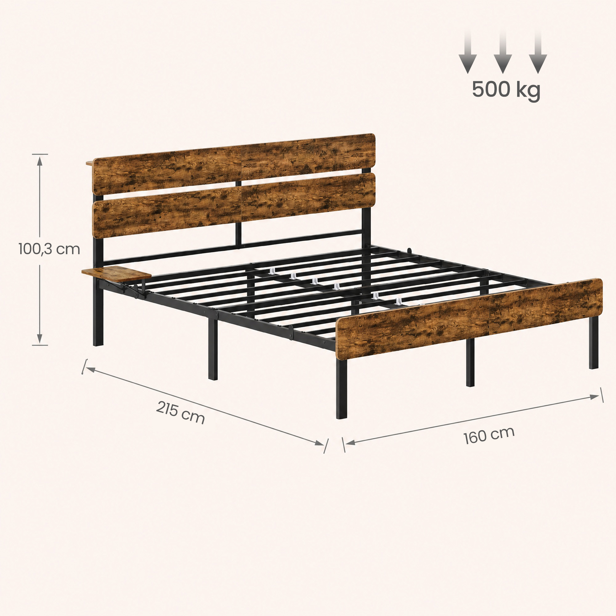 Lovos rėmas su LED apšvietimu ir USB jungtimis, rudas, 214,2 x 167 x 100,2 cm 2