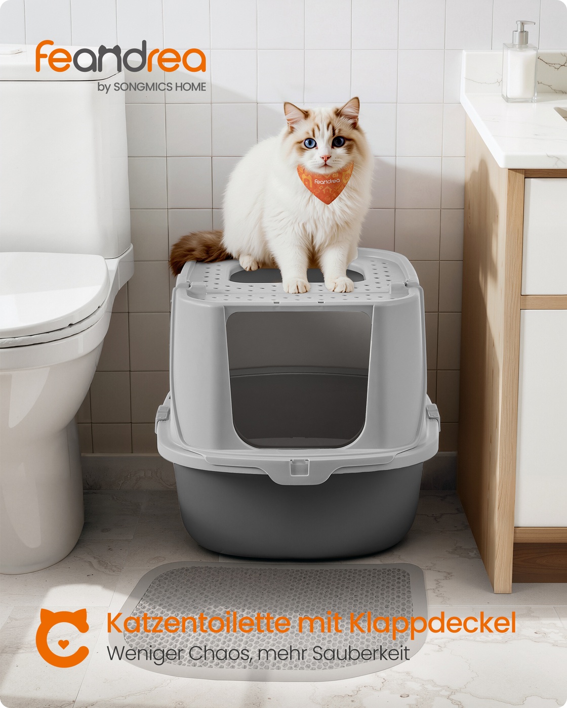 Uždaras kačių tualetas su semtuvu ir šepečiu
