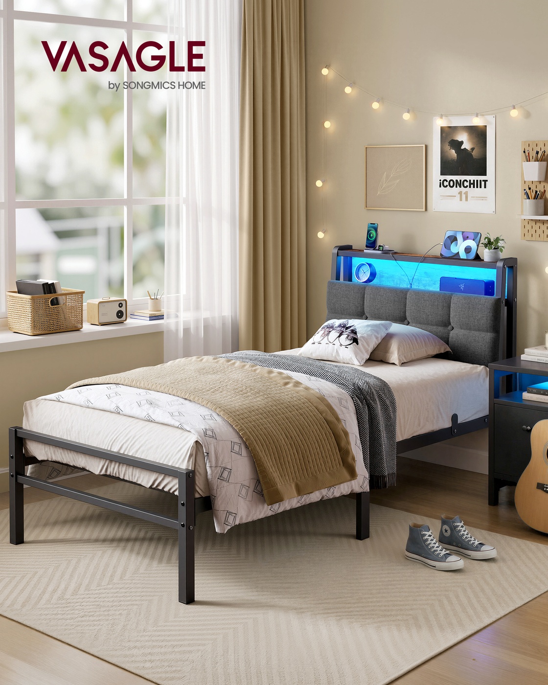 Lova su daiktų laikymo vieta ir LED apšvietimu, matinė juoda, 218,3 × 90,5 × 104,5 cm