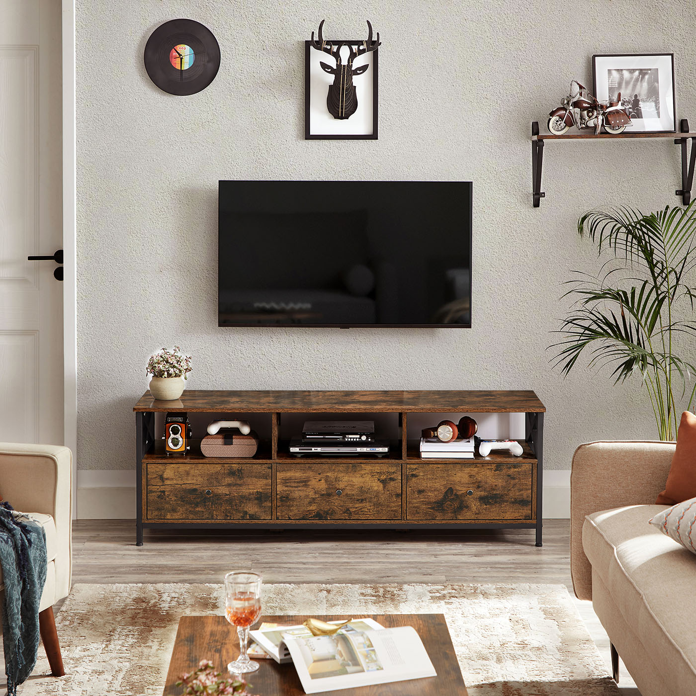 VASAGLE TV staliukas su 3 stalčiais, 147 x 40 x 50 cm