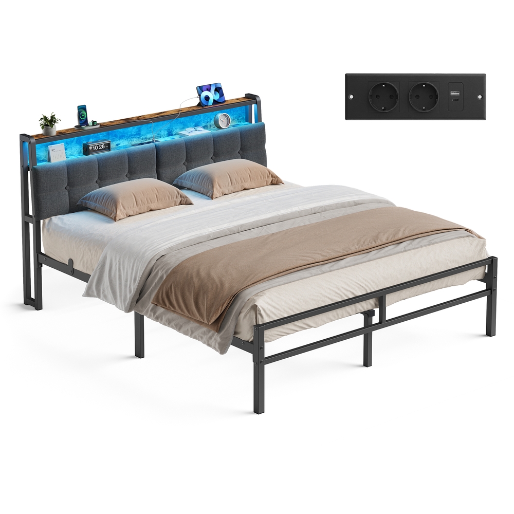 Lova su galvūgaliu ir LED apšvietimu, matinė juoda ir vintažinė ruda, 218,3 × 160,5 × 104,5 cm