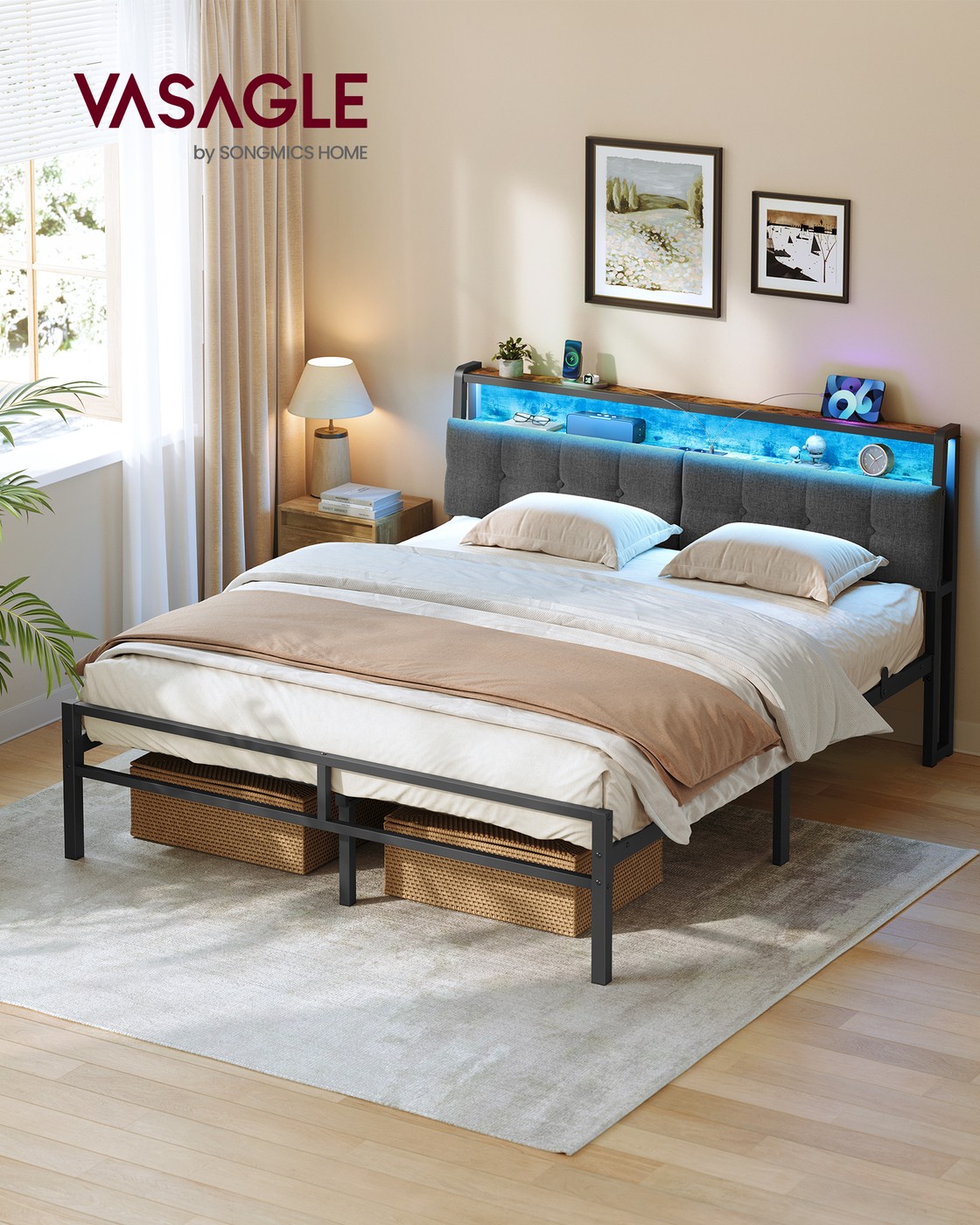 Lova su galvūgaliu ir LED apšvietimu, matinė juoda ir vintažinė ruda, 218,3 × 160,5 × 104,5 cm