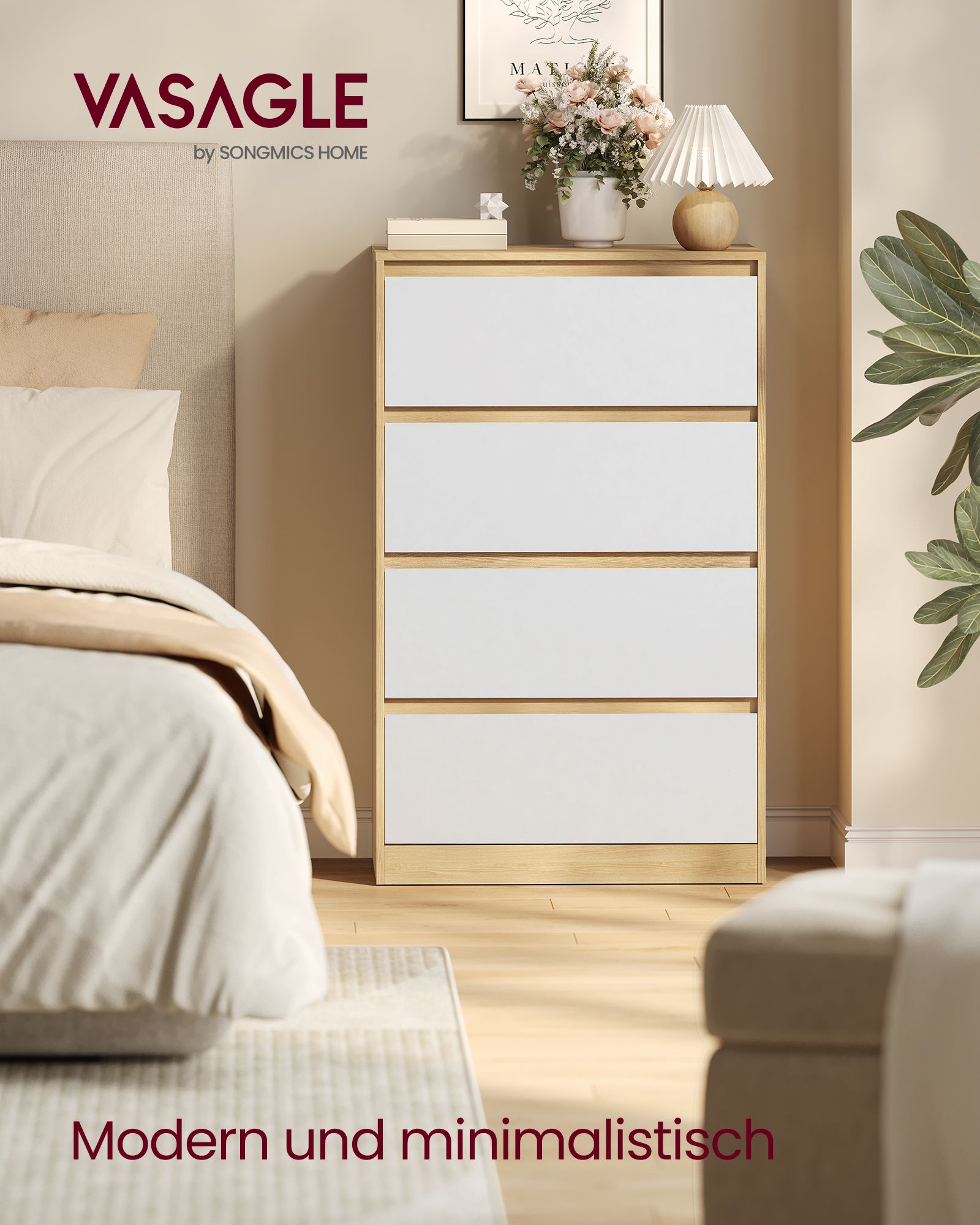 Naktinis staliukas su 4 stalčiais, ąžuolo smėlio ir baltos spalvos, 60,2 × 40,4 × 97,4 cm