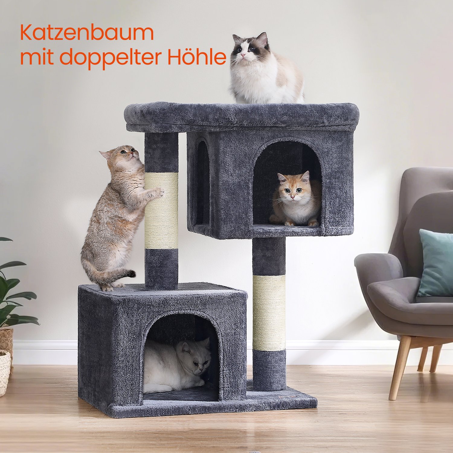 Katės draskyklė su aukšta platforma 101 cm, dūmų pilka