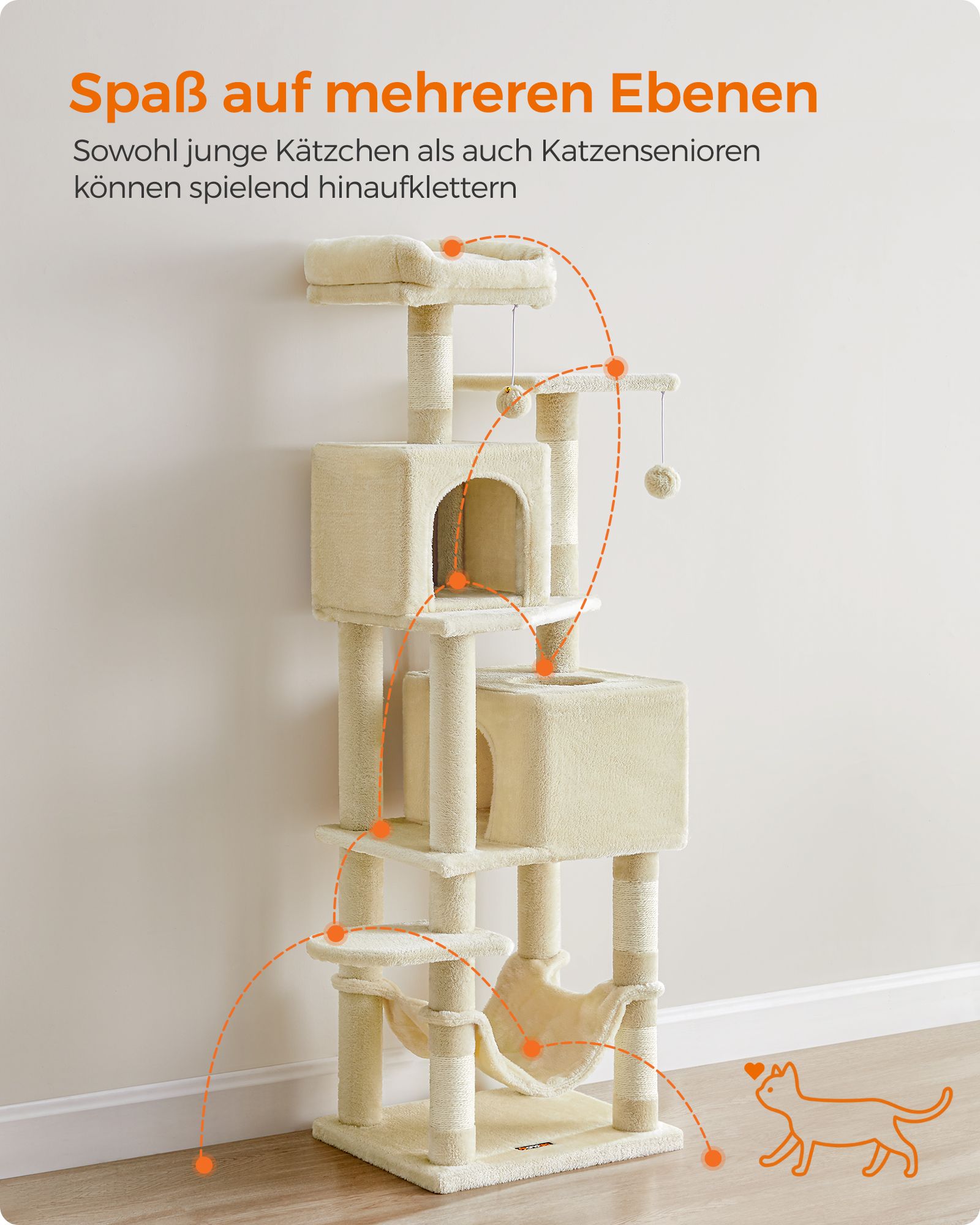 Kačių draskyklė su platformomis ir hamaku 155 cm, smėlio spalvos 3