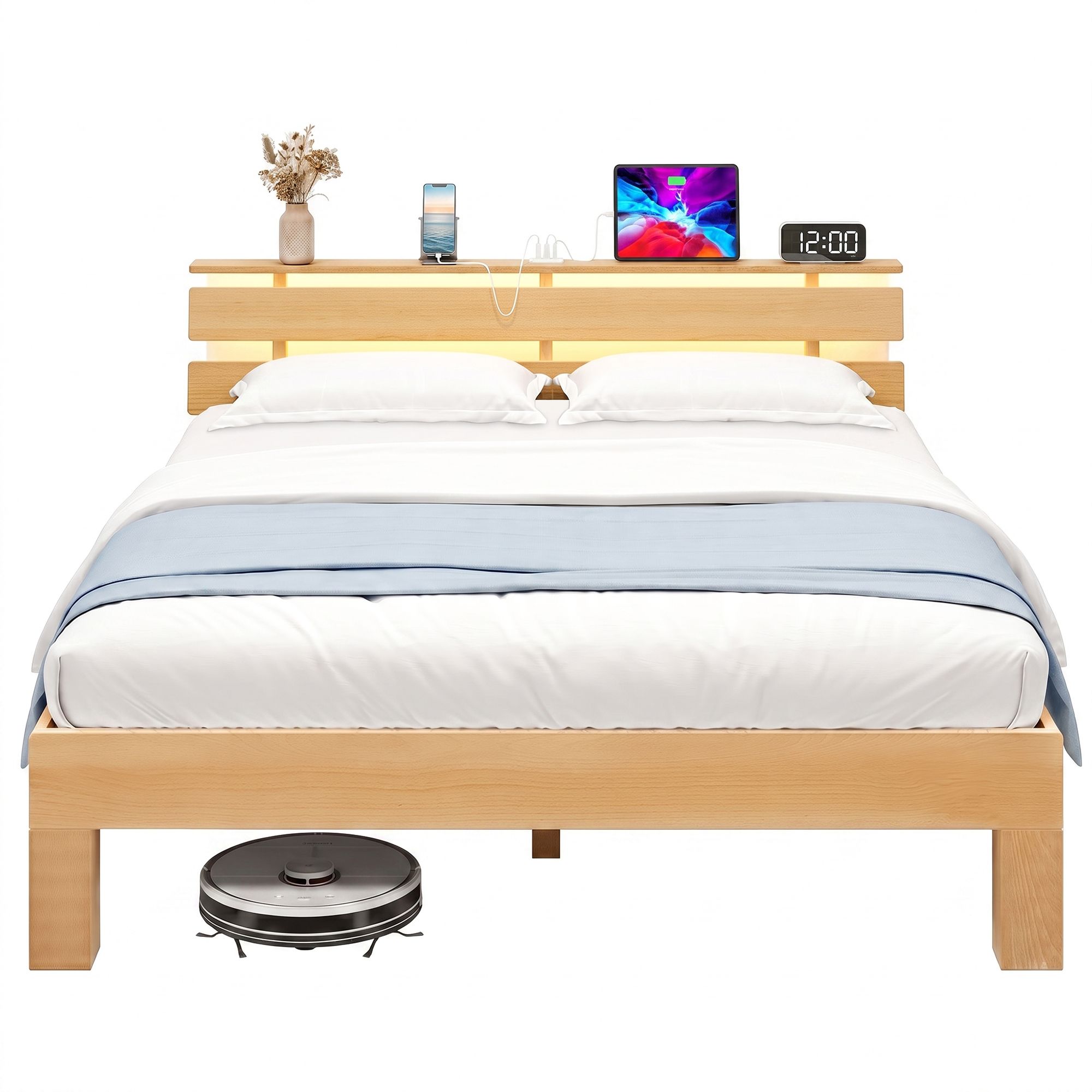 Lovos rėmas su galvūgaliu ir LED apšvietimu, natūralios spalvos, 221,2 × 144,5 × 78 cm