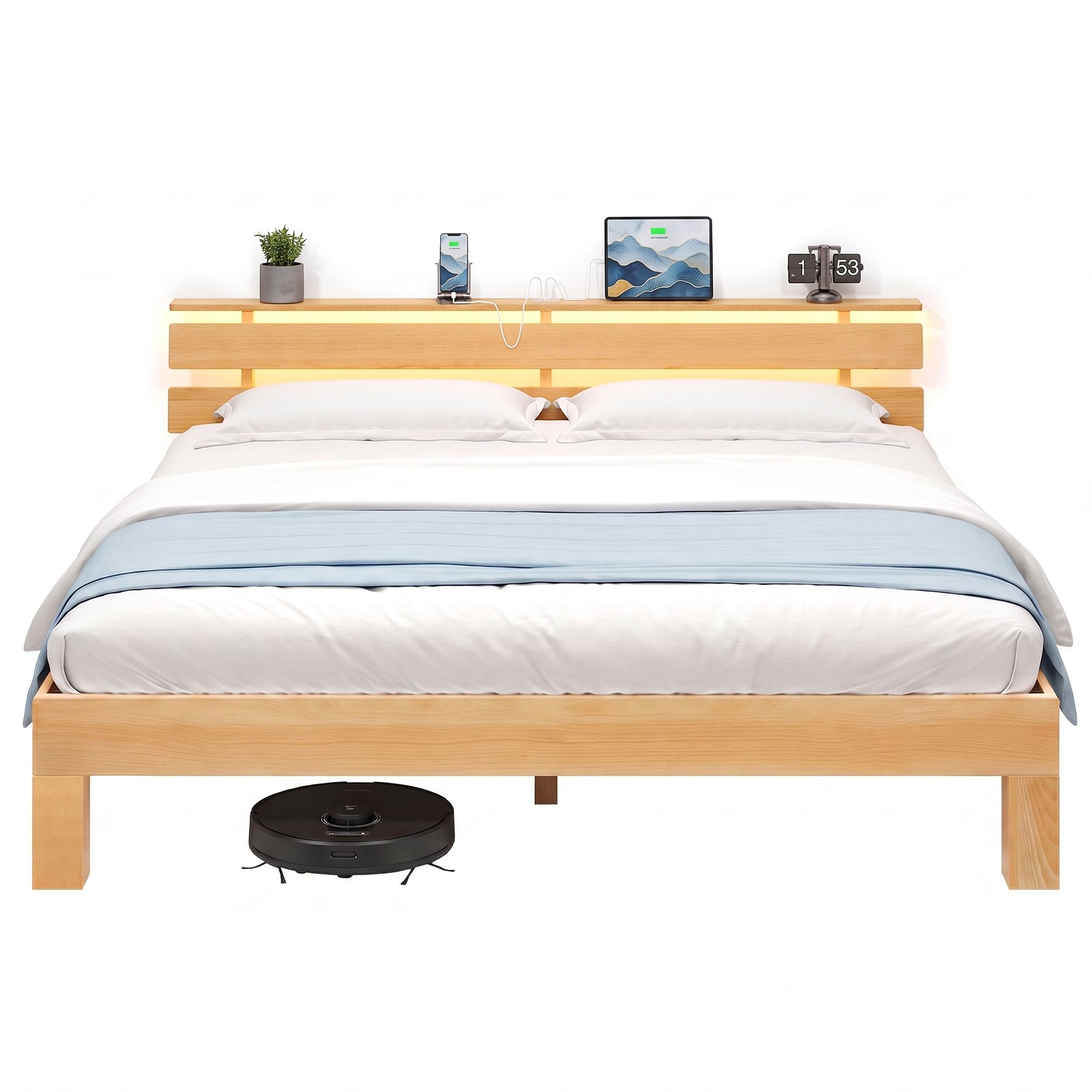 Lovos rėmas su galvūgaliu, LED apšvietimu ir USB jungtimis, natūralios spalvos, 221,2 × 184,5 × 78 cm