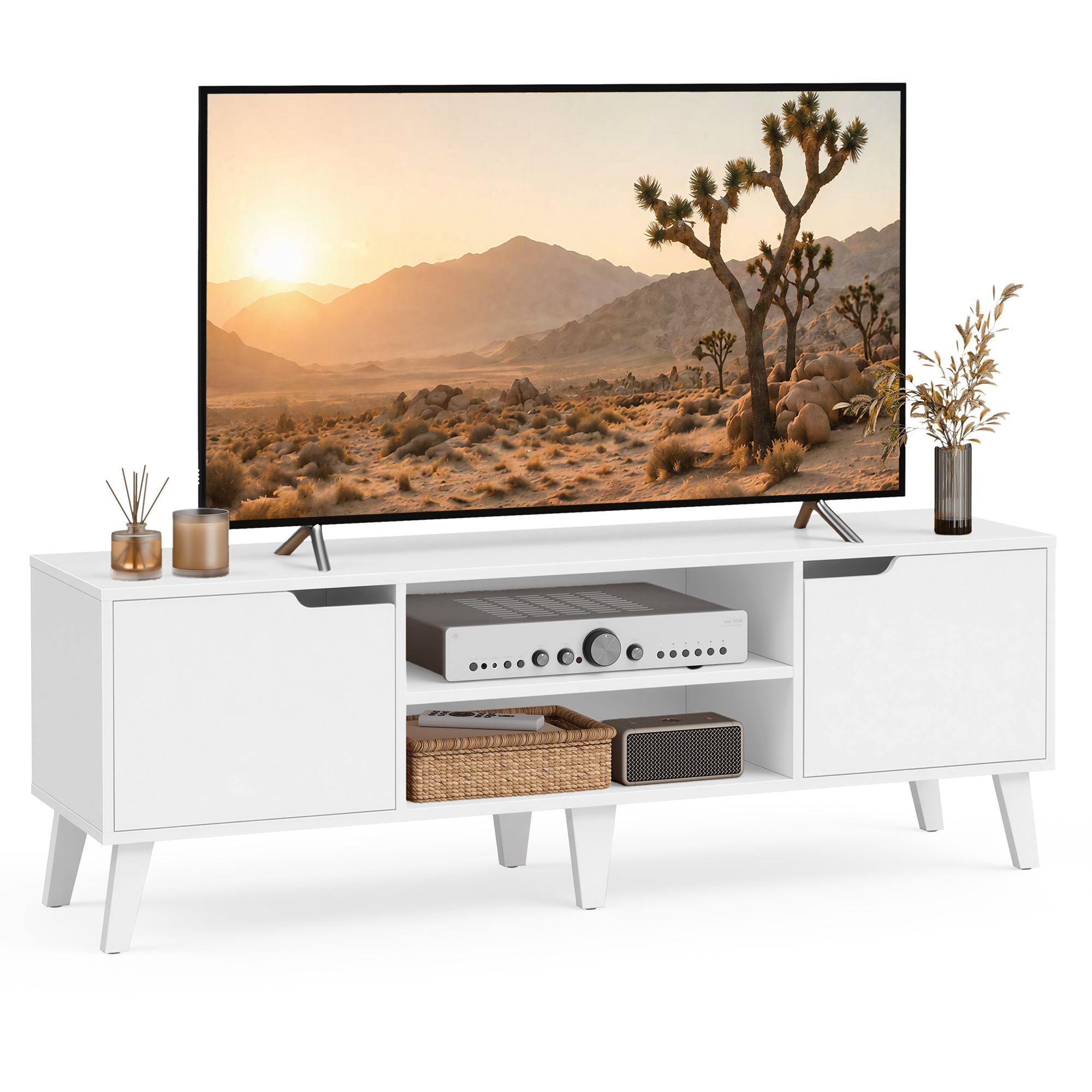 TV staliukas su reguliuojama lentyna, baltas, 147 x 39 x 50,1 cm