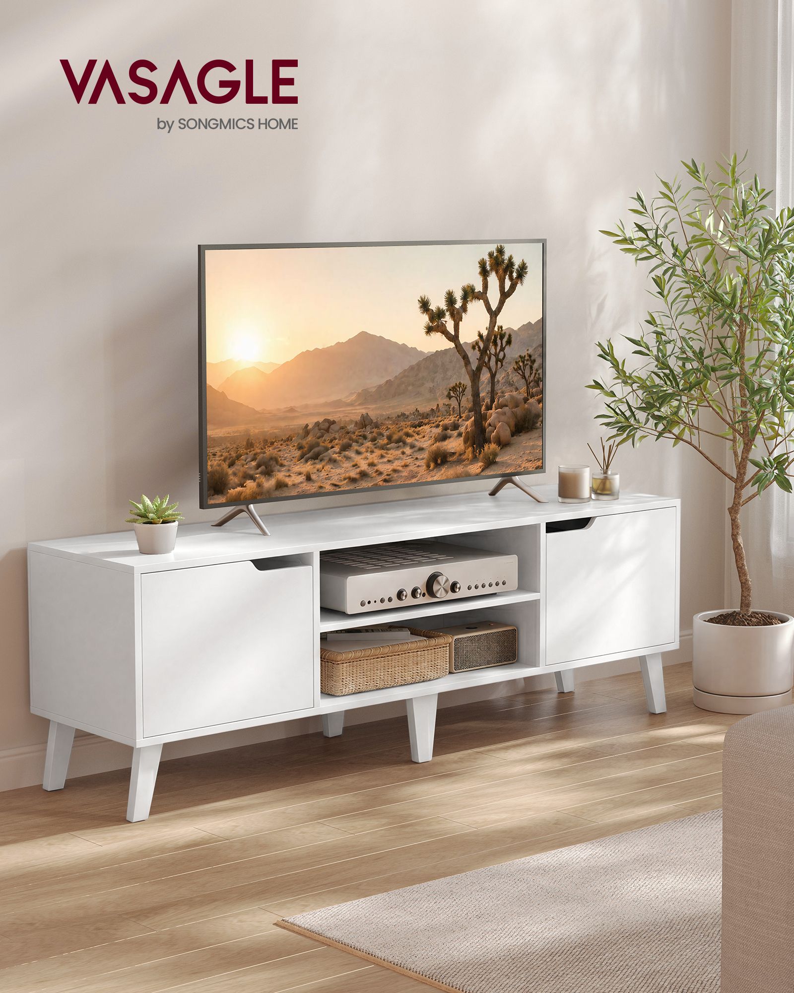 TV staliukas su reguliuojama lentyna, baltas, 147 x 39 x 50,1 cm