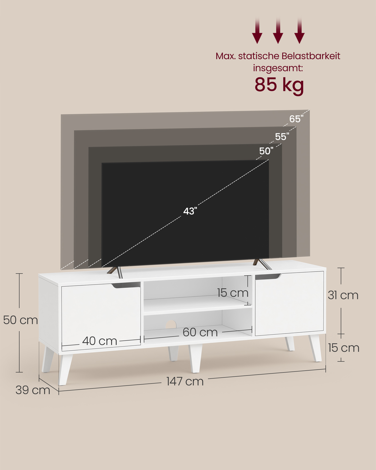 TV staliukas su reguliuojama lentyna, baltas, 147 x 39 x 50,1 cm 3