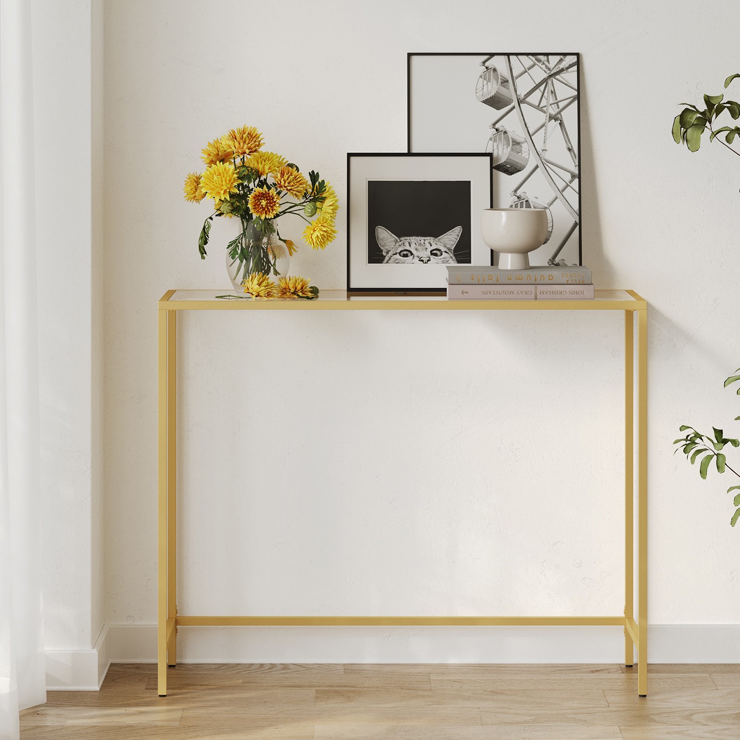 Konsolinis stalas su stikliniu paviršiumi ir metaliniu rėmu, 100x35x80 cm, auksinis