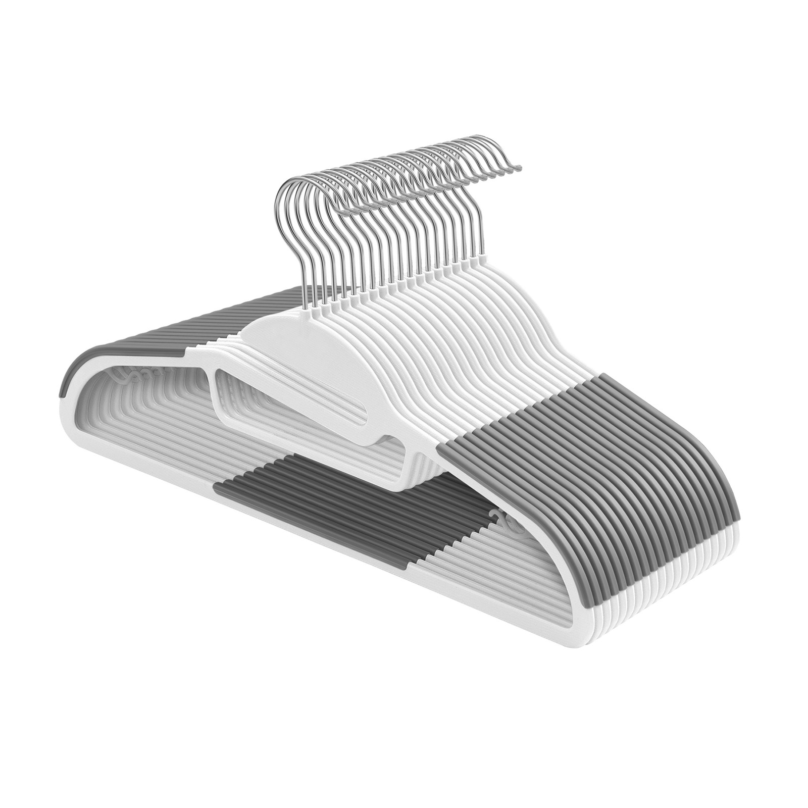 Drabužių pakabos su neslystančiais intarpais, 20 vnt., baltos–tamsiai pilkos, 41,5 × 0,5 × 22,5 cm