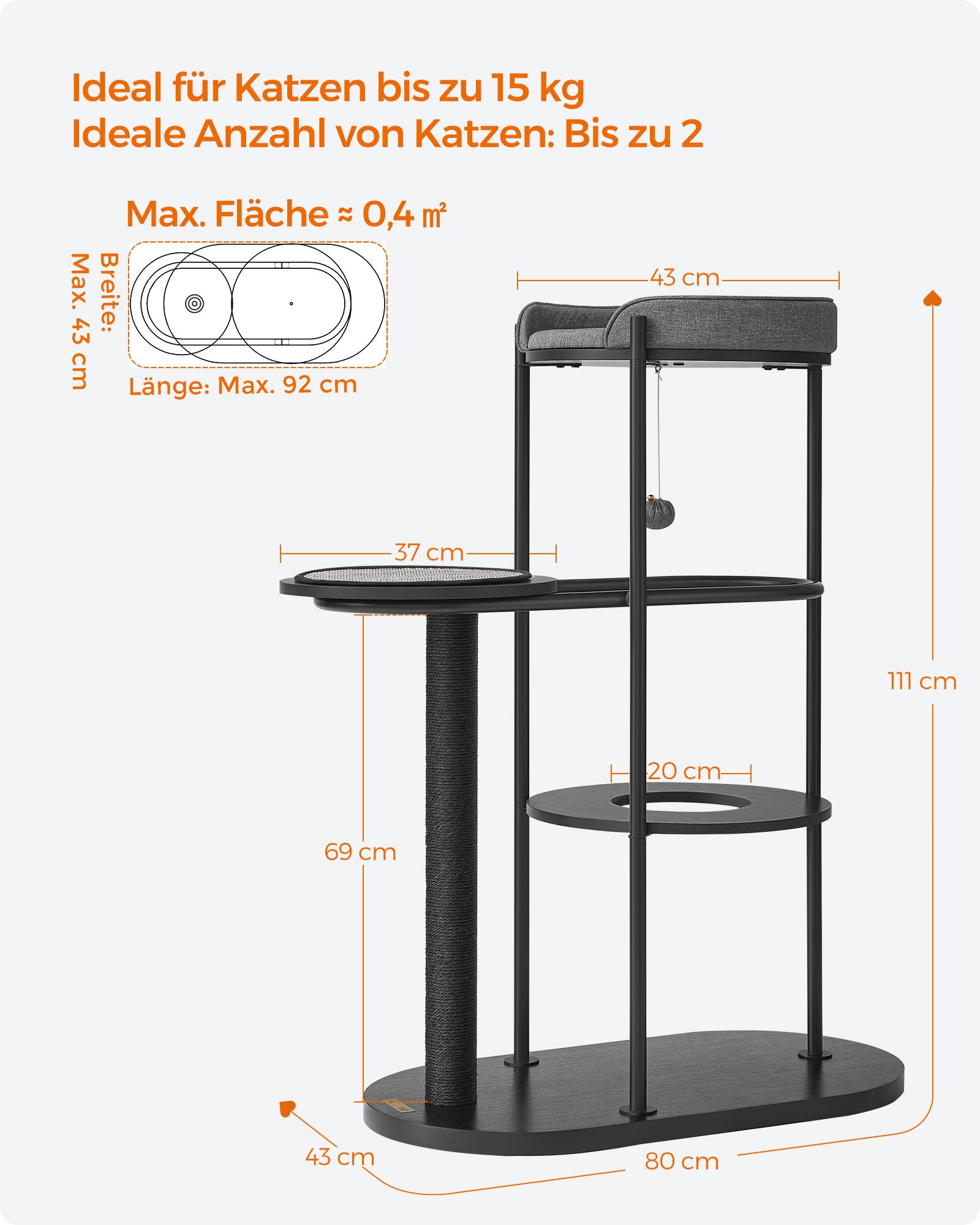 Katės draskyklė su sizalio stulpu, klasikinė juoda, 111 cm 3