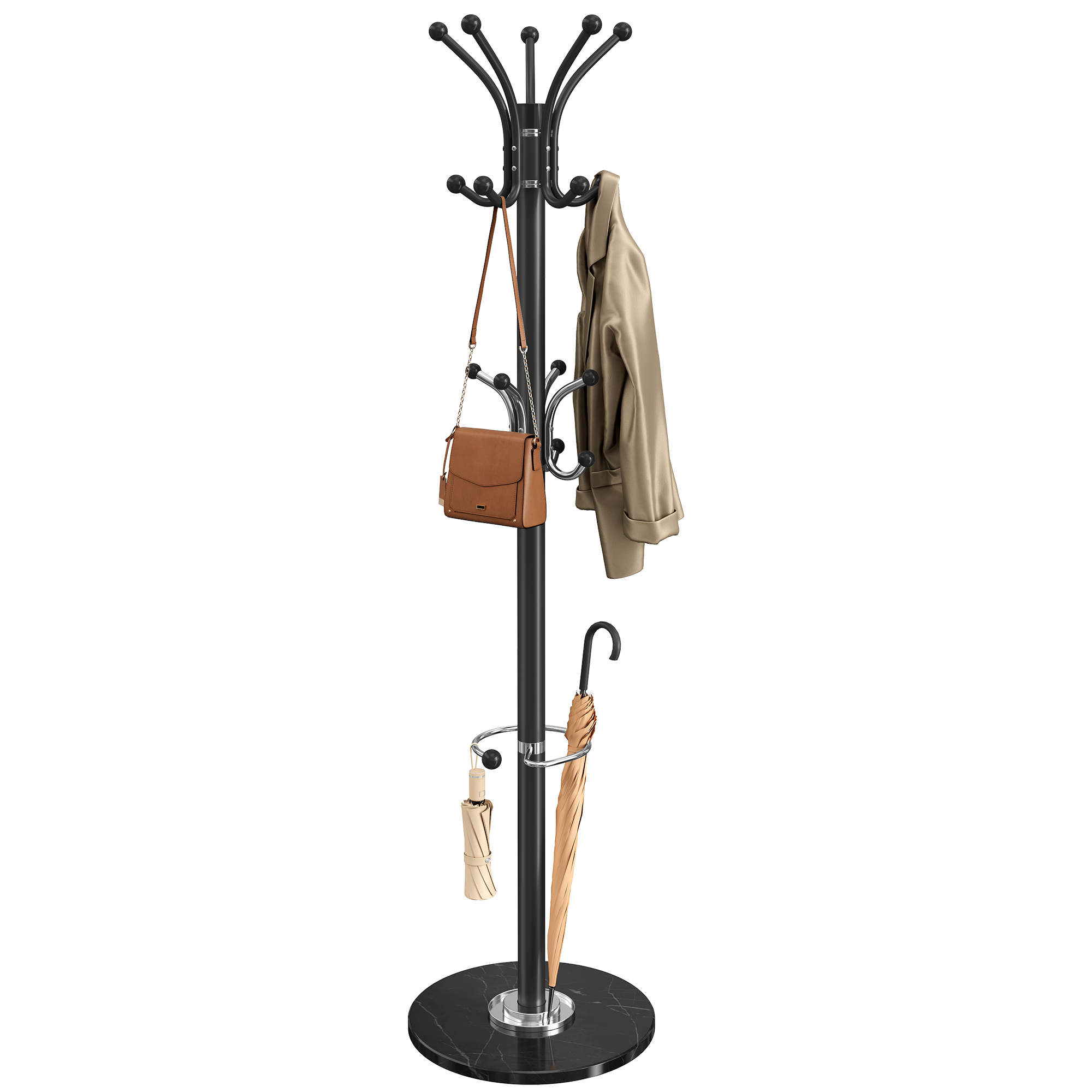 Pastatoma kabykla su skėčių stovu ir 18 kabliukų, juoda, 38 x 38 x 178 cm