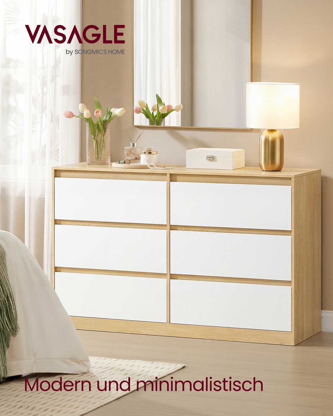Komoda su 6 stalčiais, migdolų geltonos ir baltos spalvos, 119,4 × 40 × 75 cm