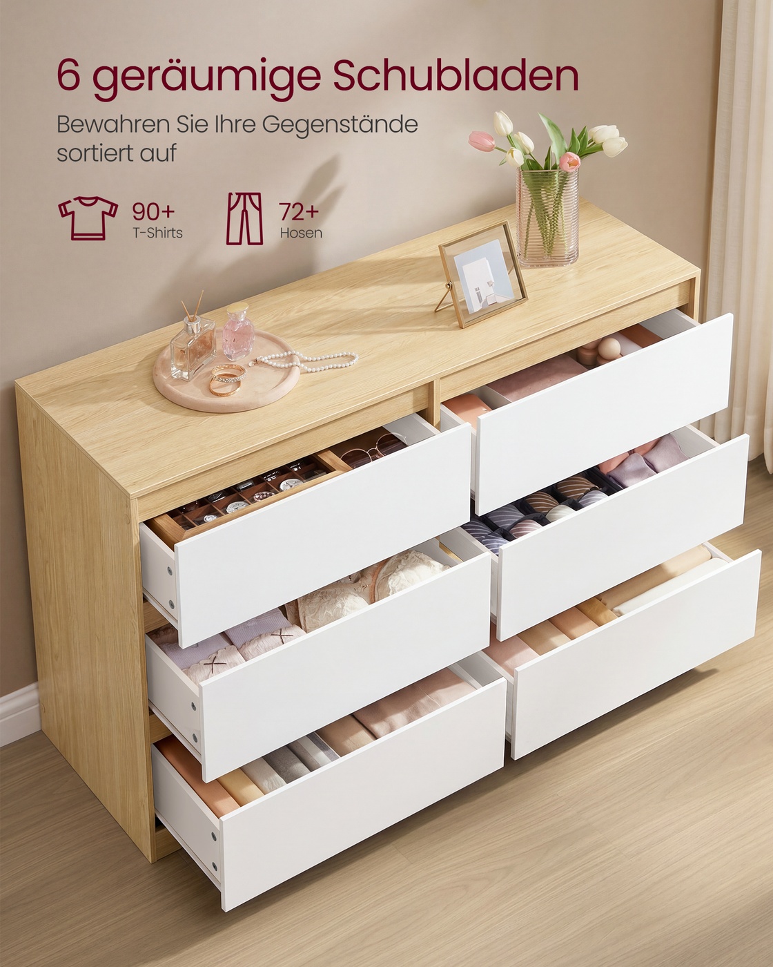 Komoda su 6 stalčiais, migdolų geltonos ir baltos spalvos, 119,4 × 40 × 75 cm 2