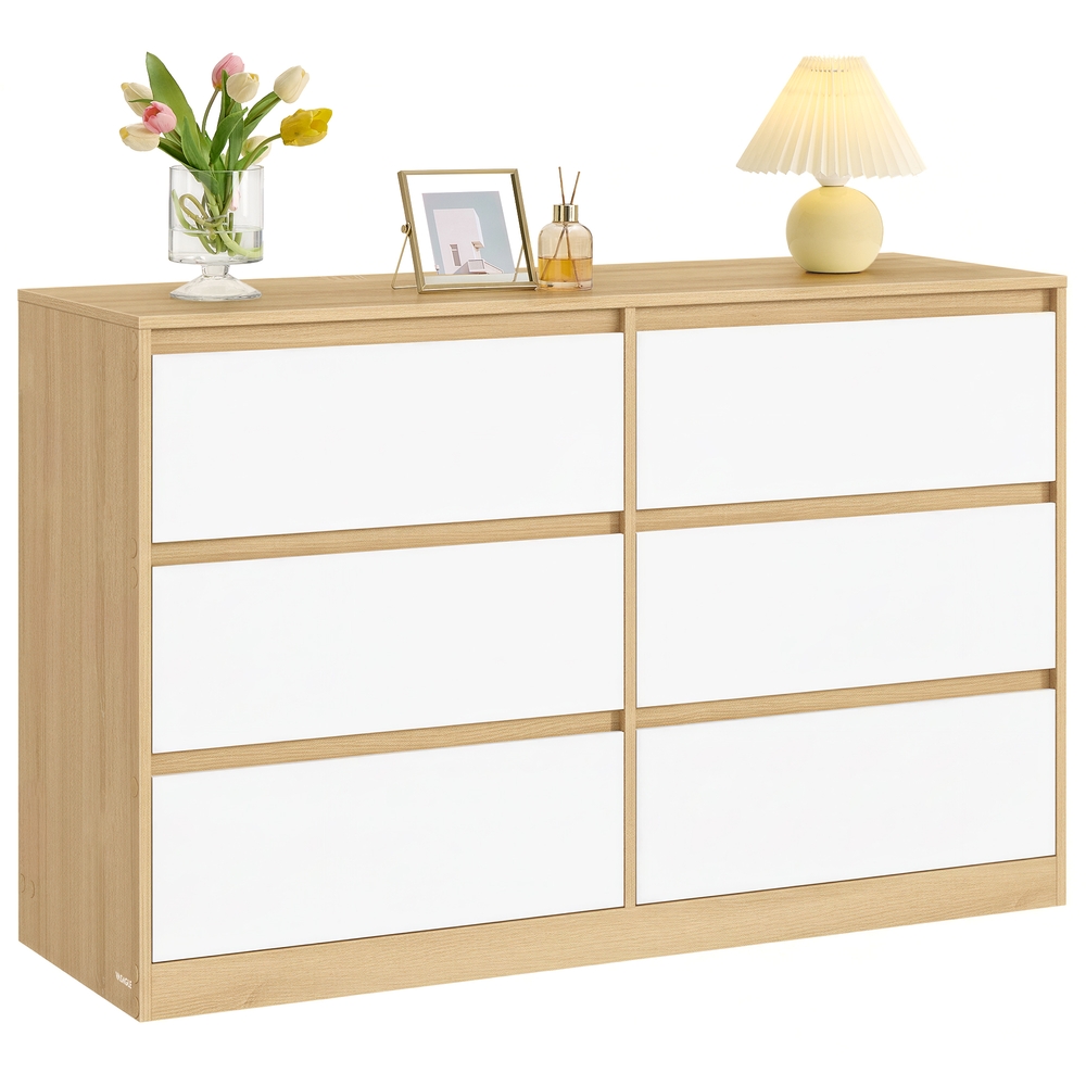 Komoda su 6 stalčiais, migdolų geltonos ir baltos spalvos, 119,4 × 40 × 75 cm