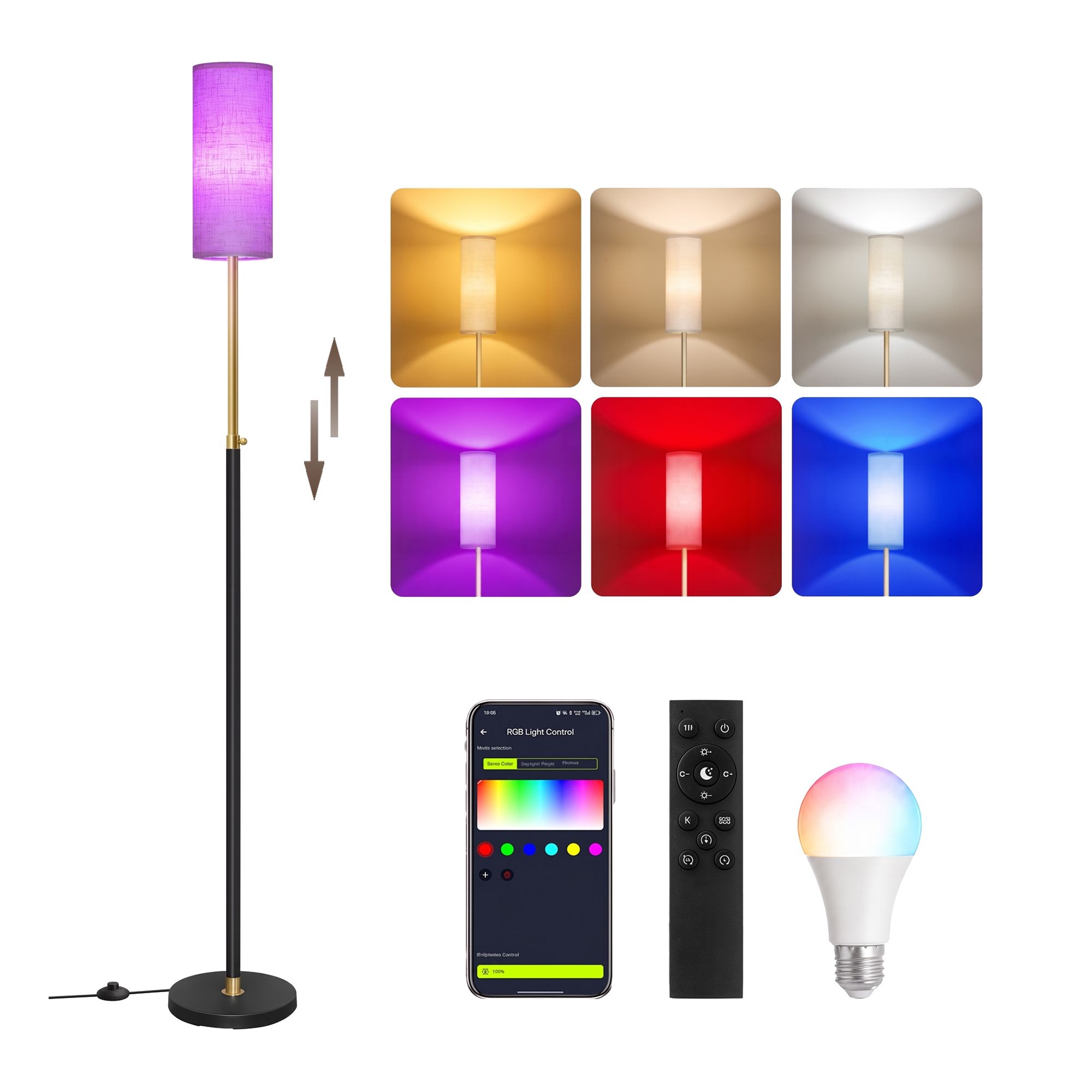 RGB LED reguliuojamo aukščio toršeras, juodas, 25 x 25 x 148–178 cm