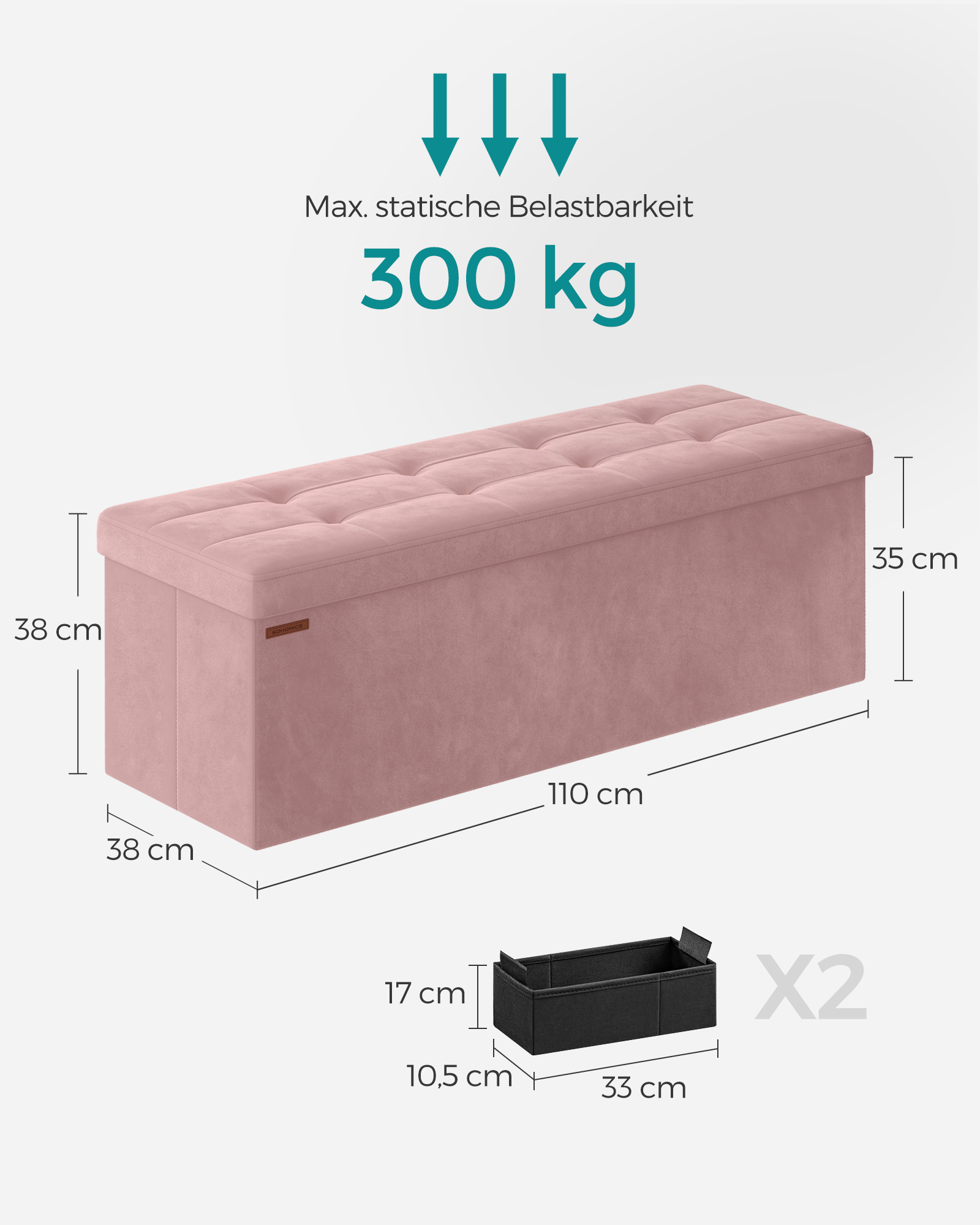 Pufas su daiktadėže 300 kg pastelinė rožinė, 38x110x38 cm 3
