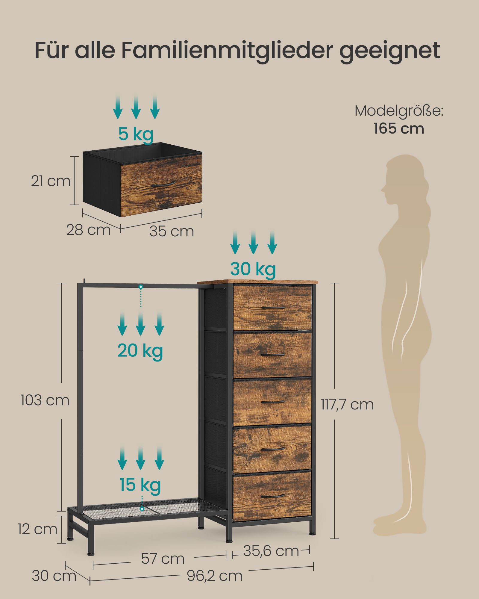 Komoda su 5 medžiaginiais stalčiais ir drabužių skersiniu, ruda 96,2 × 30 × 117,7 cm 2
