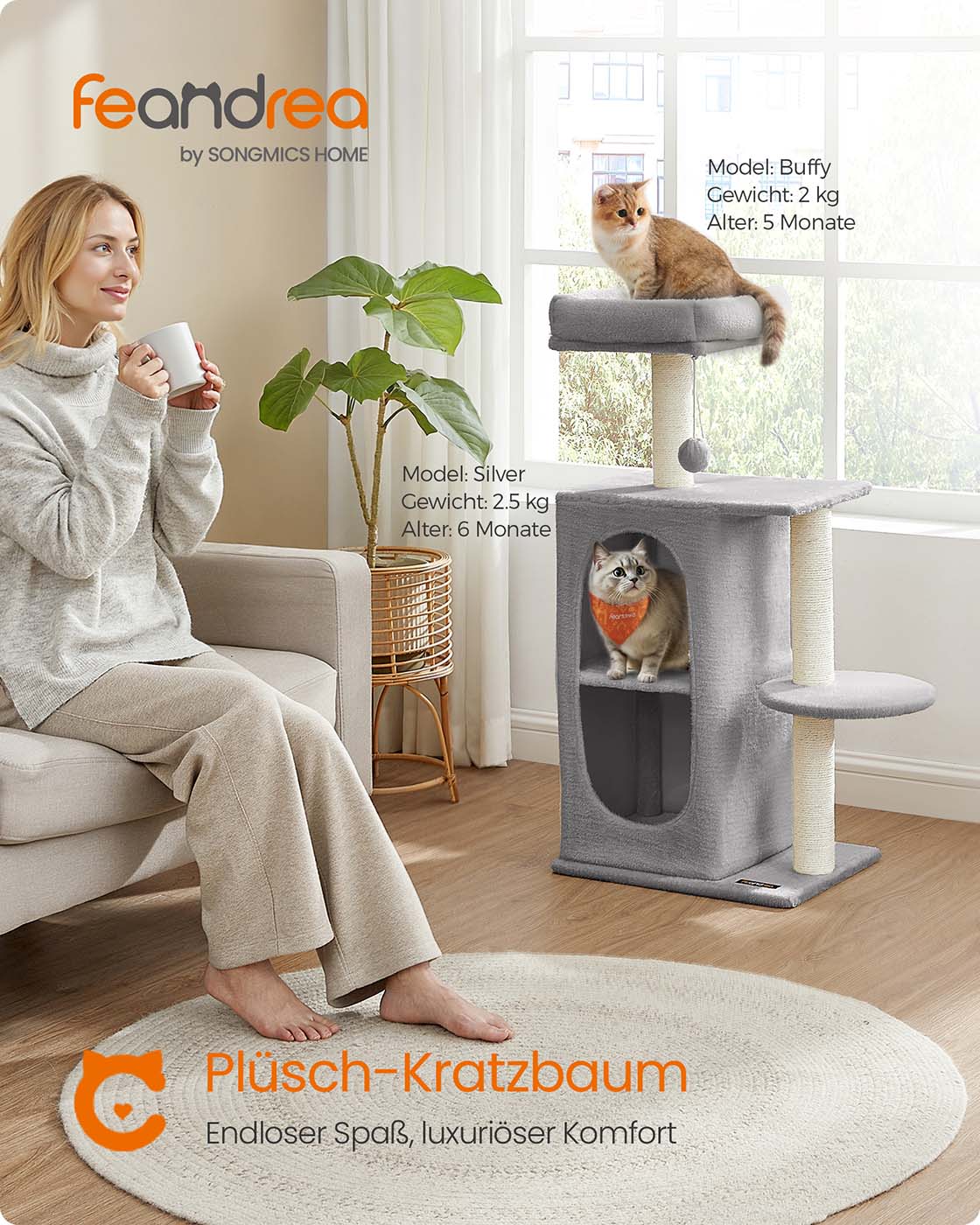 Kačių draskyklė su dviem guoliais ir platforma, šviesiai pilka 101cm