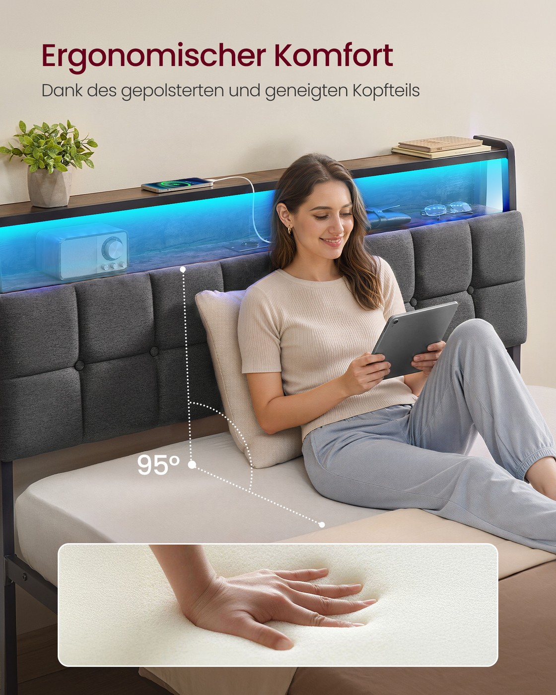 Lovos rėmas su daiktadėže ir LED apšvietimu, matinės juodos ir vintažinės rudos spalvos, 218,3 × 140,5 × 104,5 cm 2