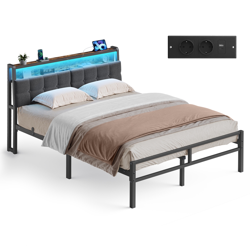 Lovos rėmas su daiktadėže ir LED apšvietimu, matinės juodos ir vintažinės rudos spalvos, 218,3 × 140,5 × 104,5 cm