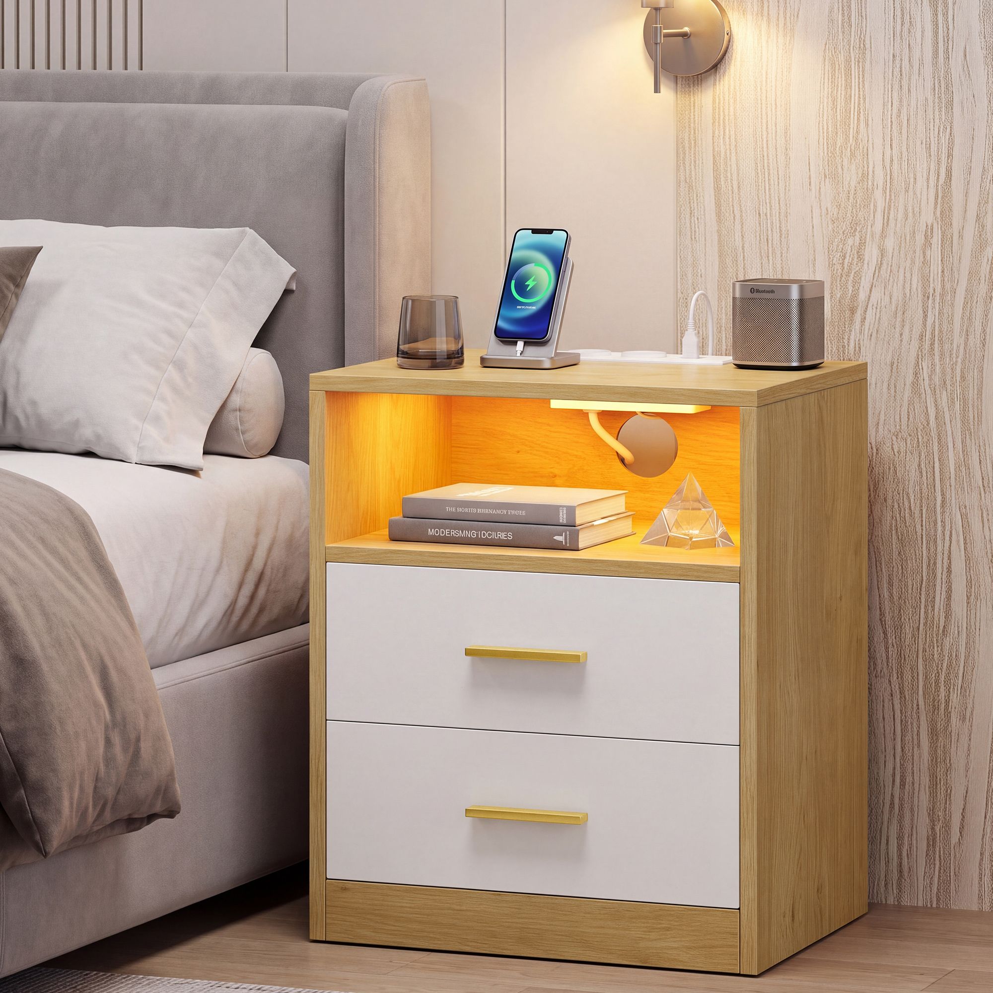 Kavos staliukas su elektros lizdu ir LED apšvietimu, geltonas ir baltas, 40,1 × 30 × 50,2 cm 3
