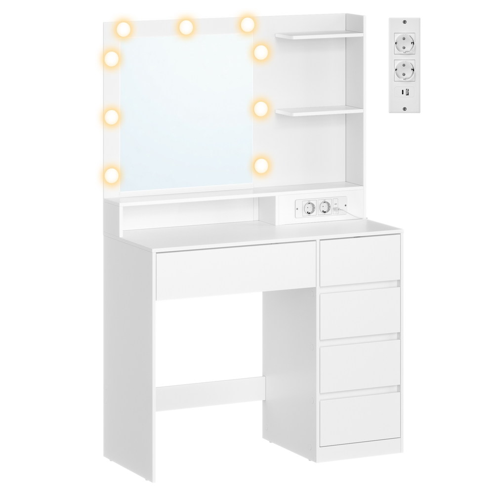 Kosmetinis staliukas su veidrodžiu ir LED apšvietimu, baltas, 80 × 40 × 144,3 cm