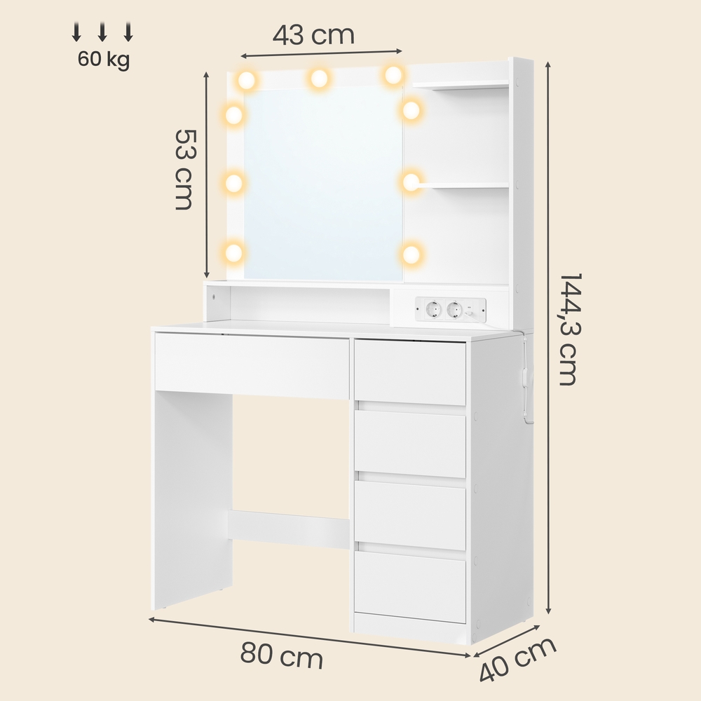 Kosmetinis staliukas su veidrodžiu ir LED apšvietimu, baltas, 80 × 40 × 144,3 cm 2