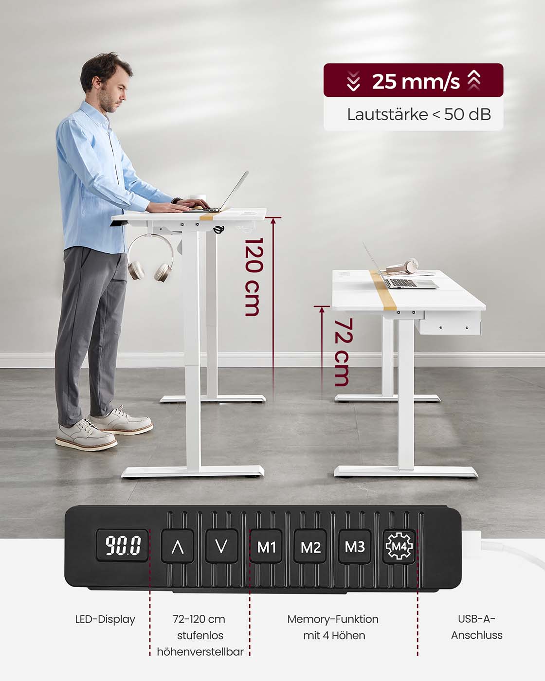 Reguliuojamo aukščio rašomasis stalas 60 x 120 cm baltas 3