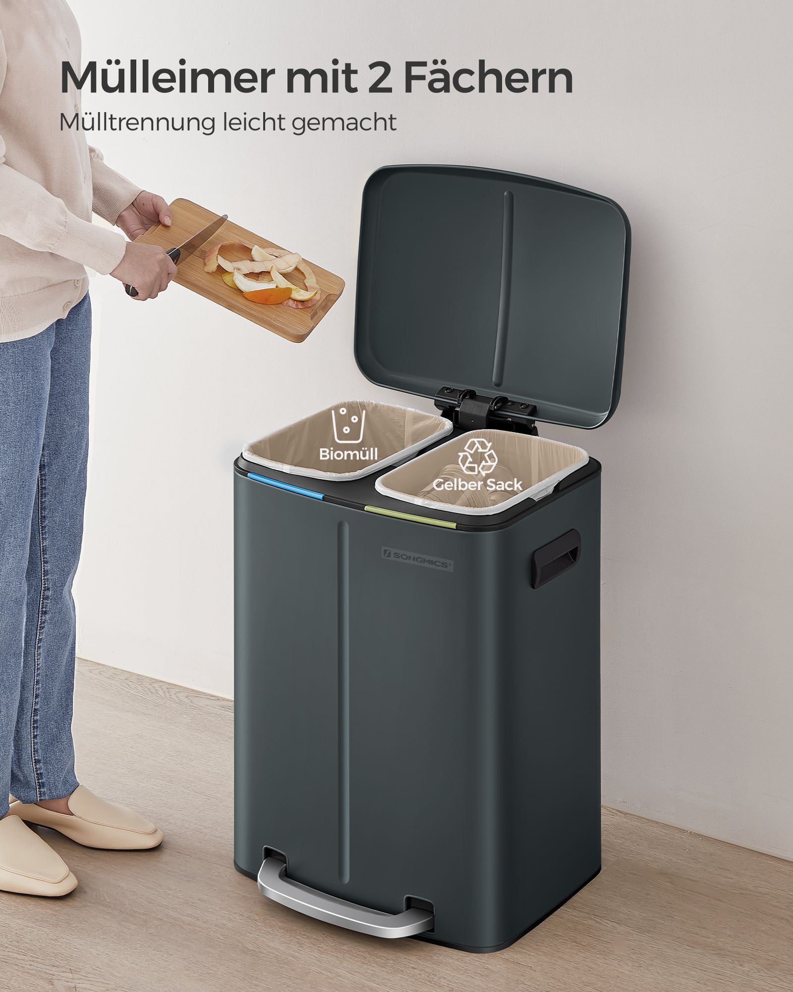 Virtuvinė šiukšliadėžė 2 x 20 L su Softclose dangčiu grįžčiai pilka 2