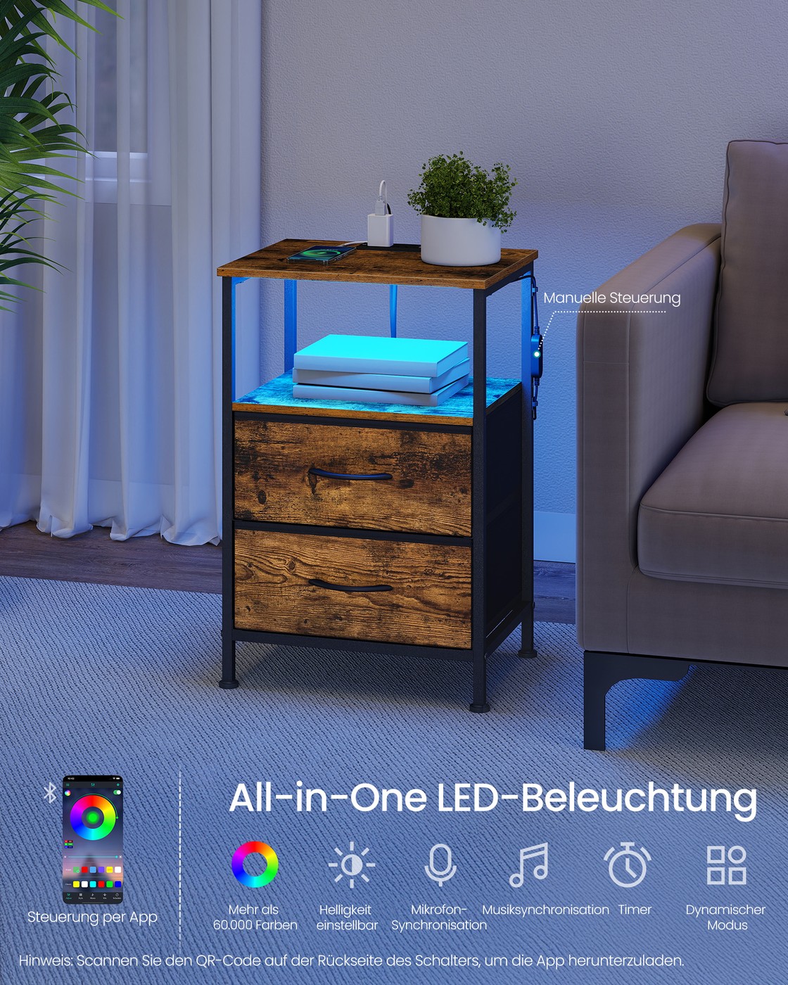 Naktinis staliukas su LED apšvietimu ir elektros lizdu, vintažinės rudos ir juodos spalvos, 39,6 × 30 × 60,4 cm 3