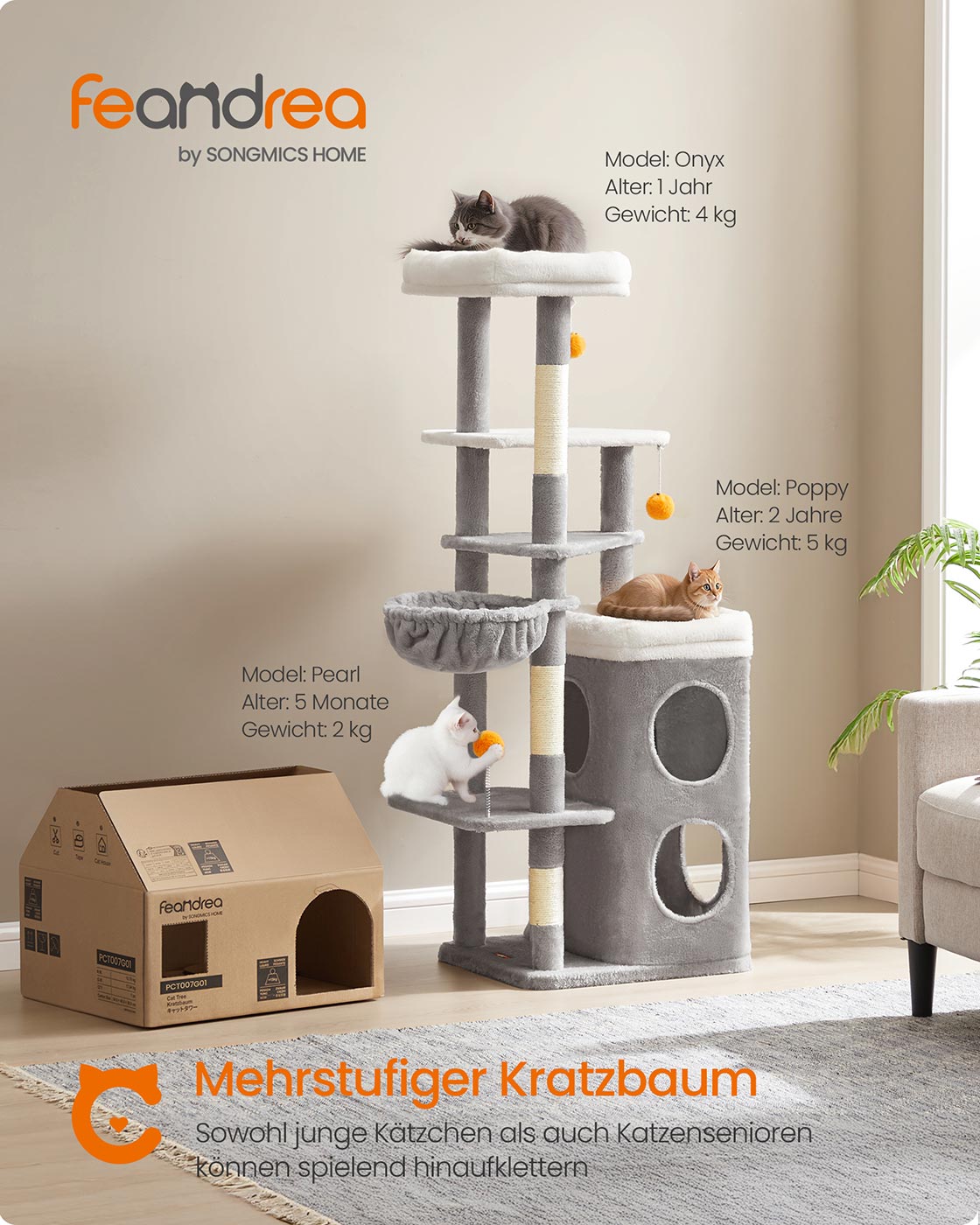 Katės draskyklė su urveliais ir platformomis, 152 cm