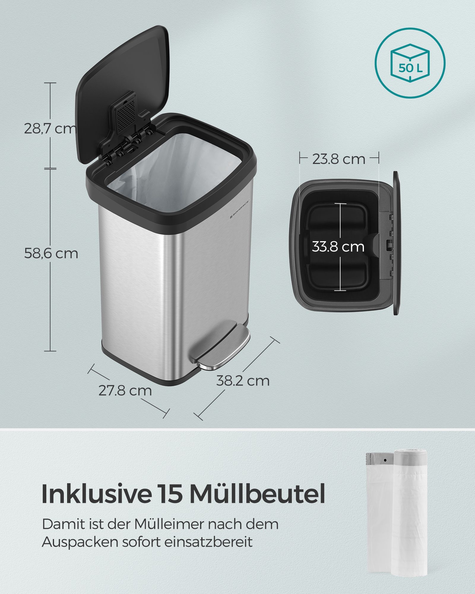 Šiukšliadėžė 50 l su pedalu, plieninė, sidabrinė-juoda 2