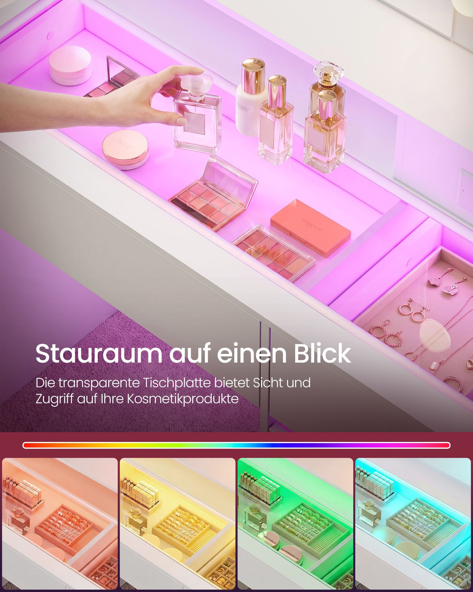 Kosmetinis staliukas su veidrodžiu ir RGB LED apšvietimu, baltas, 80 × 40 × 144,3 cm 2