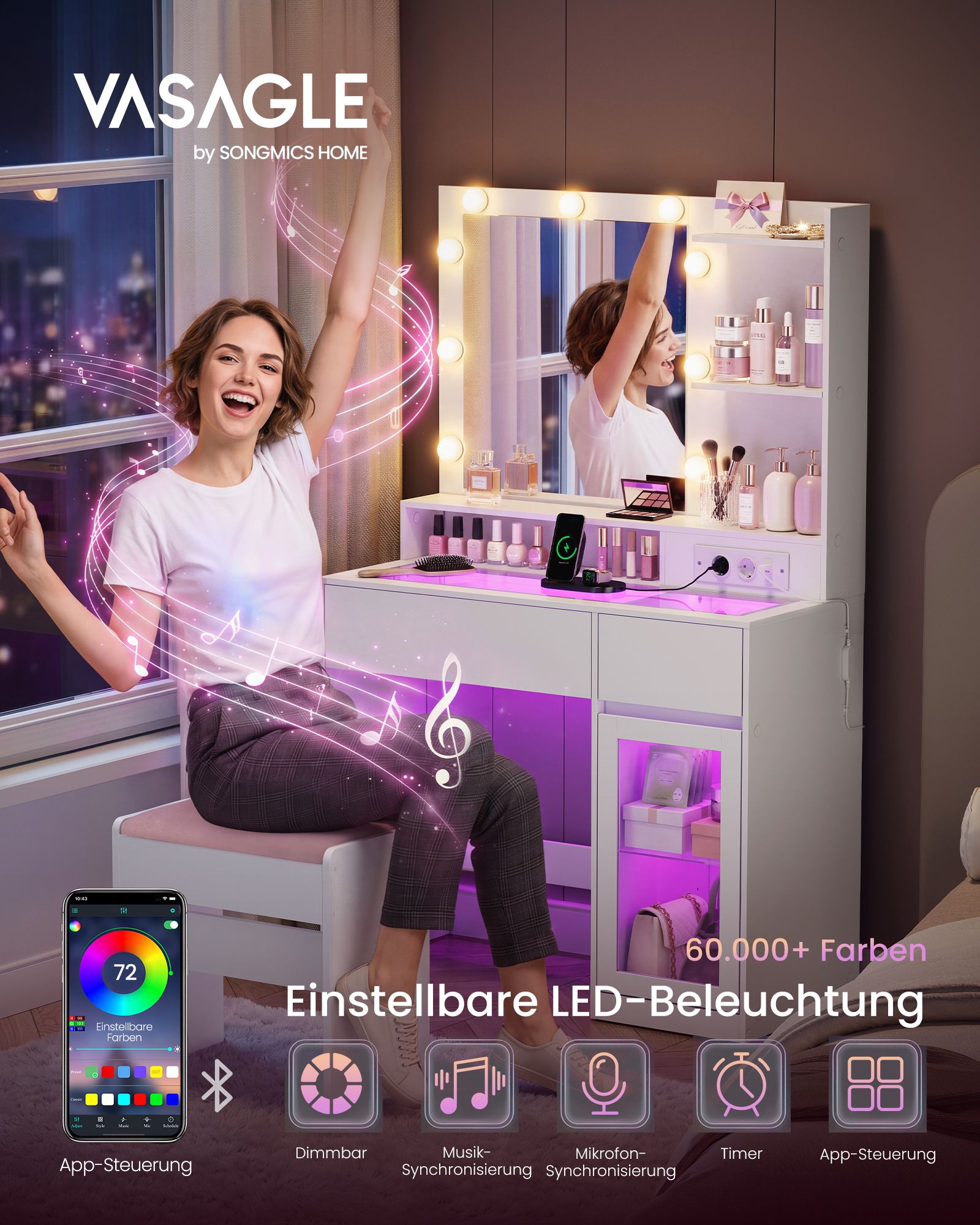 Kosmetinis staliukas su veidrodžiu ir RGB LED apšvietimu, baltas, 80 × 40 × 144,3 cm