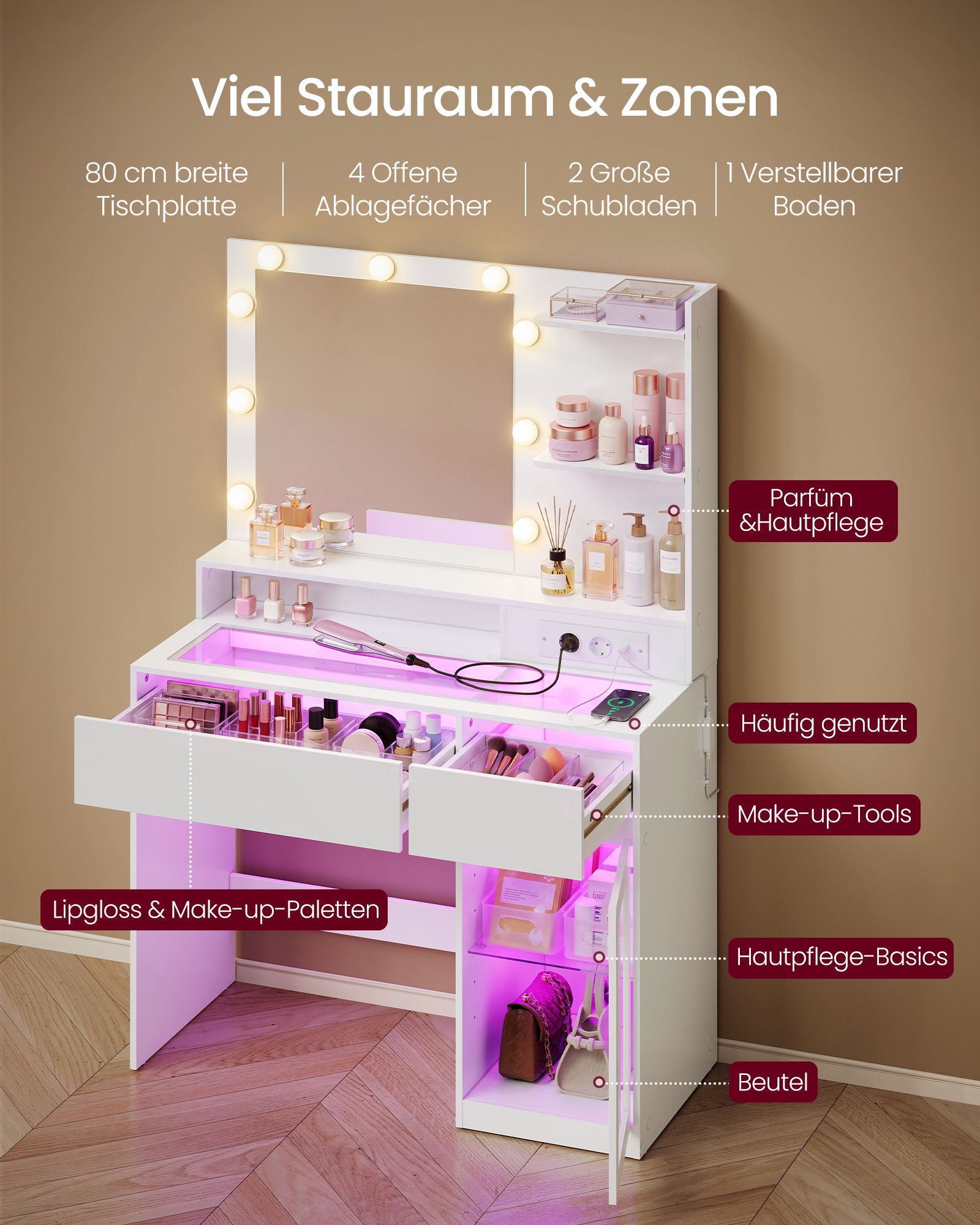 Kosmetinis staliukas su veidrodžiu ir RGB LED apšvietimu, baltas, 80 × 40 × 144,3 cm