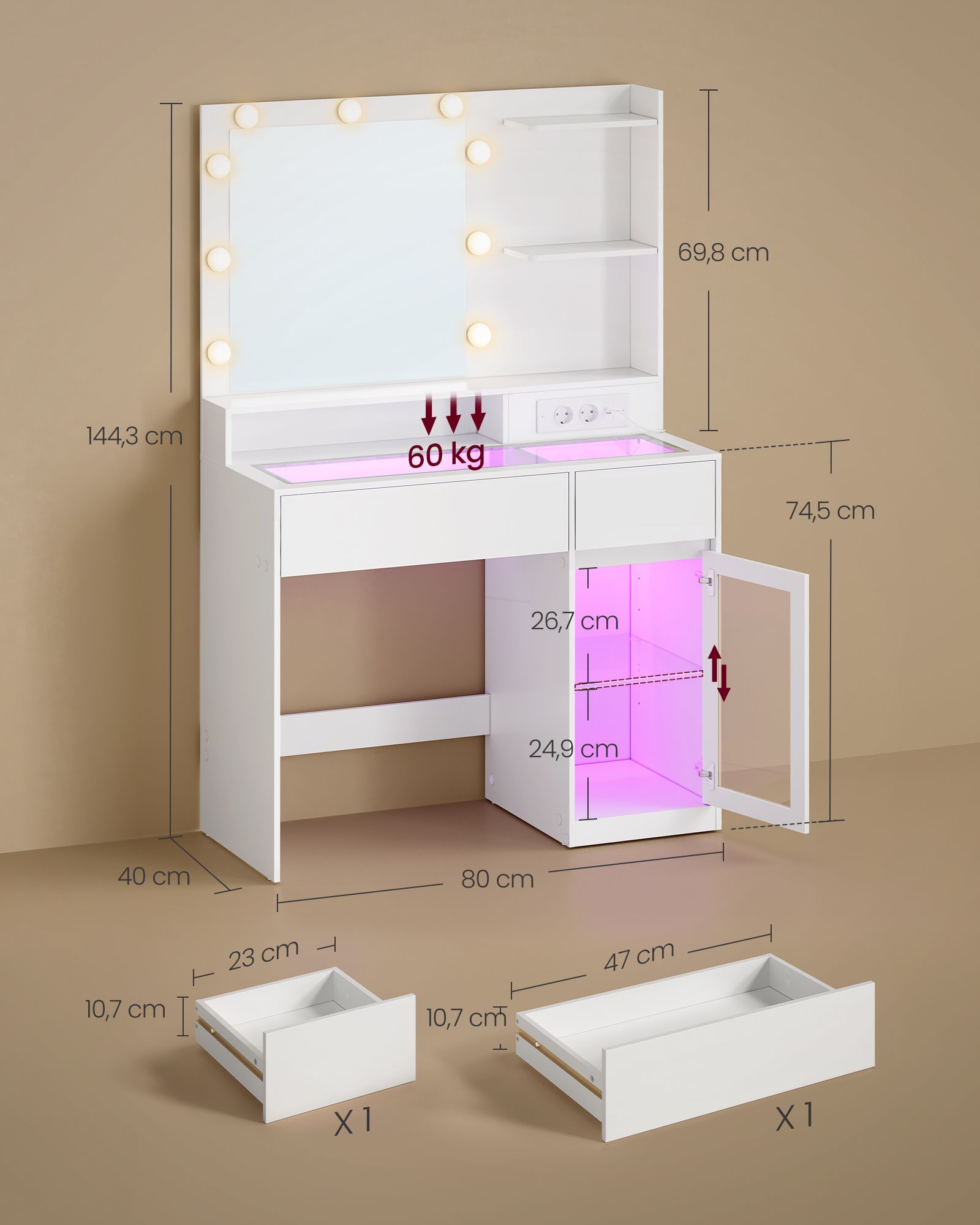 Kosmetinis staliukas su veidrodžiu ir RGB LED apšvietimu, baltas, 80 × 40 × 144,3 cm 3